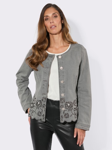 Jeansblazer mit Blütenstickerei - grey-denim