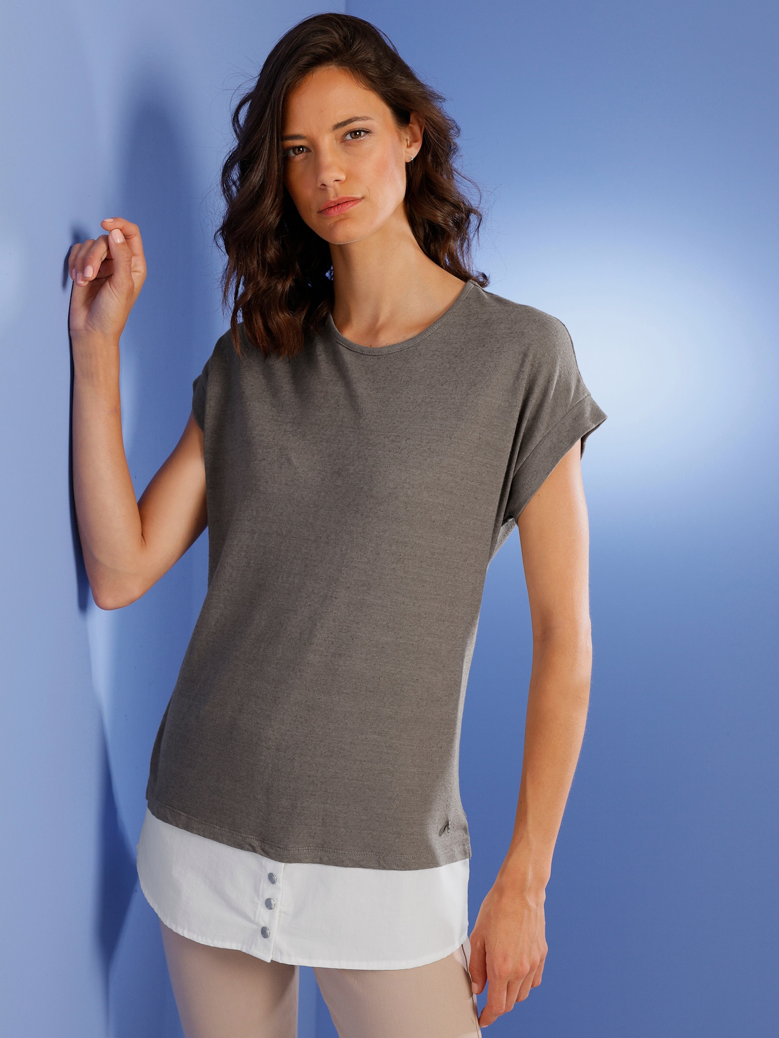 CREATION L PREMIUM Kurzarmshirt im Leinen-Viskose-Mix - taupe-ecru