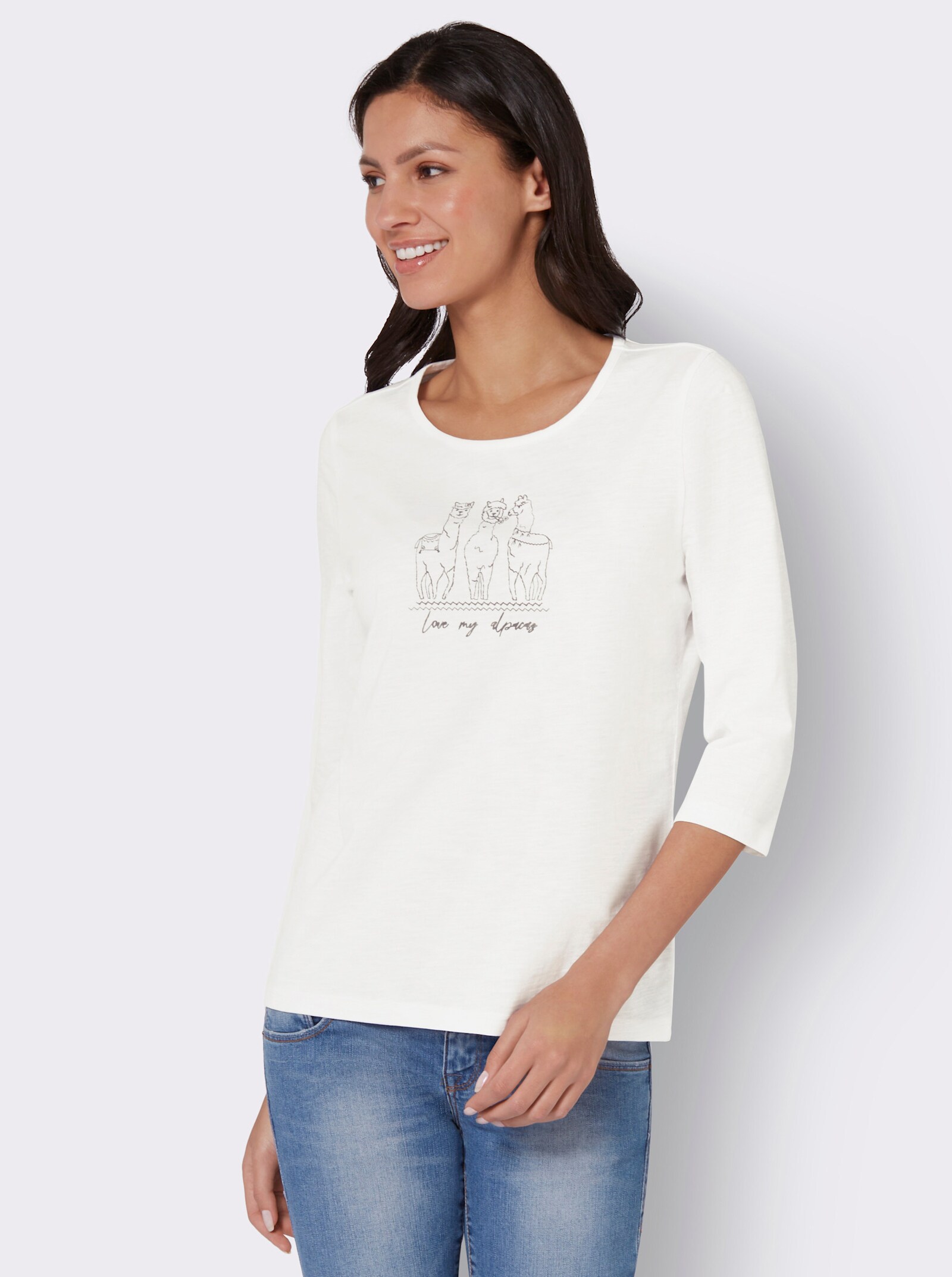 Tričko s 3/4 rukávem a potiskem alpaky - ecru-šedá