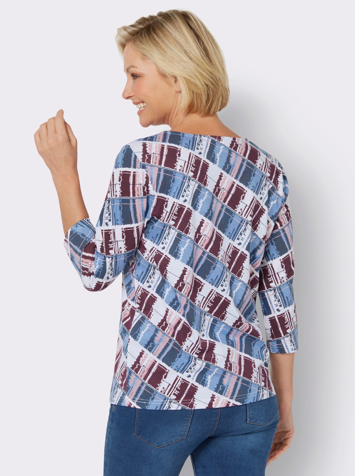 3/4-Arm-Shirt - weiß-mittelblau-bedruckt