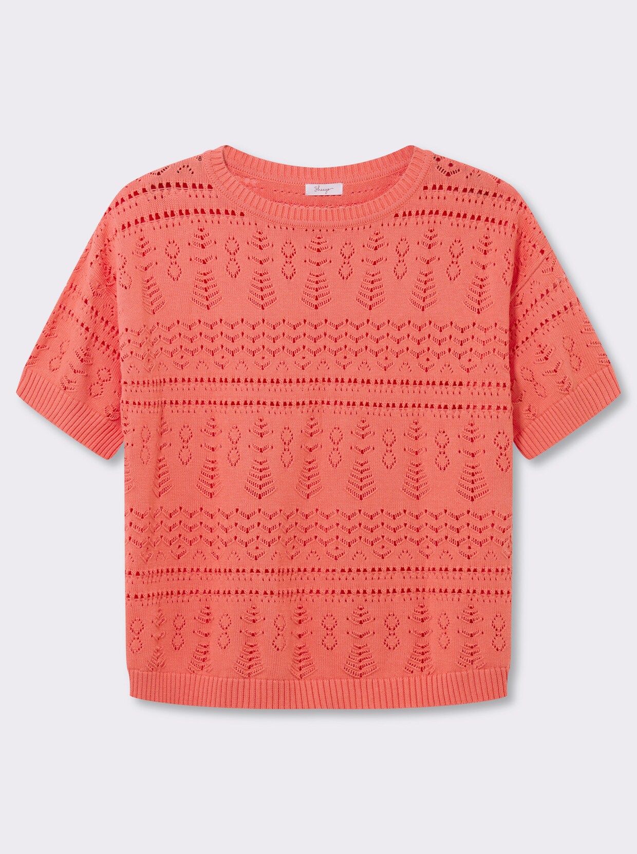 sheego Kurzarmpullover aus Ajourstrick - koralle