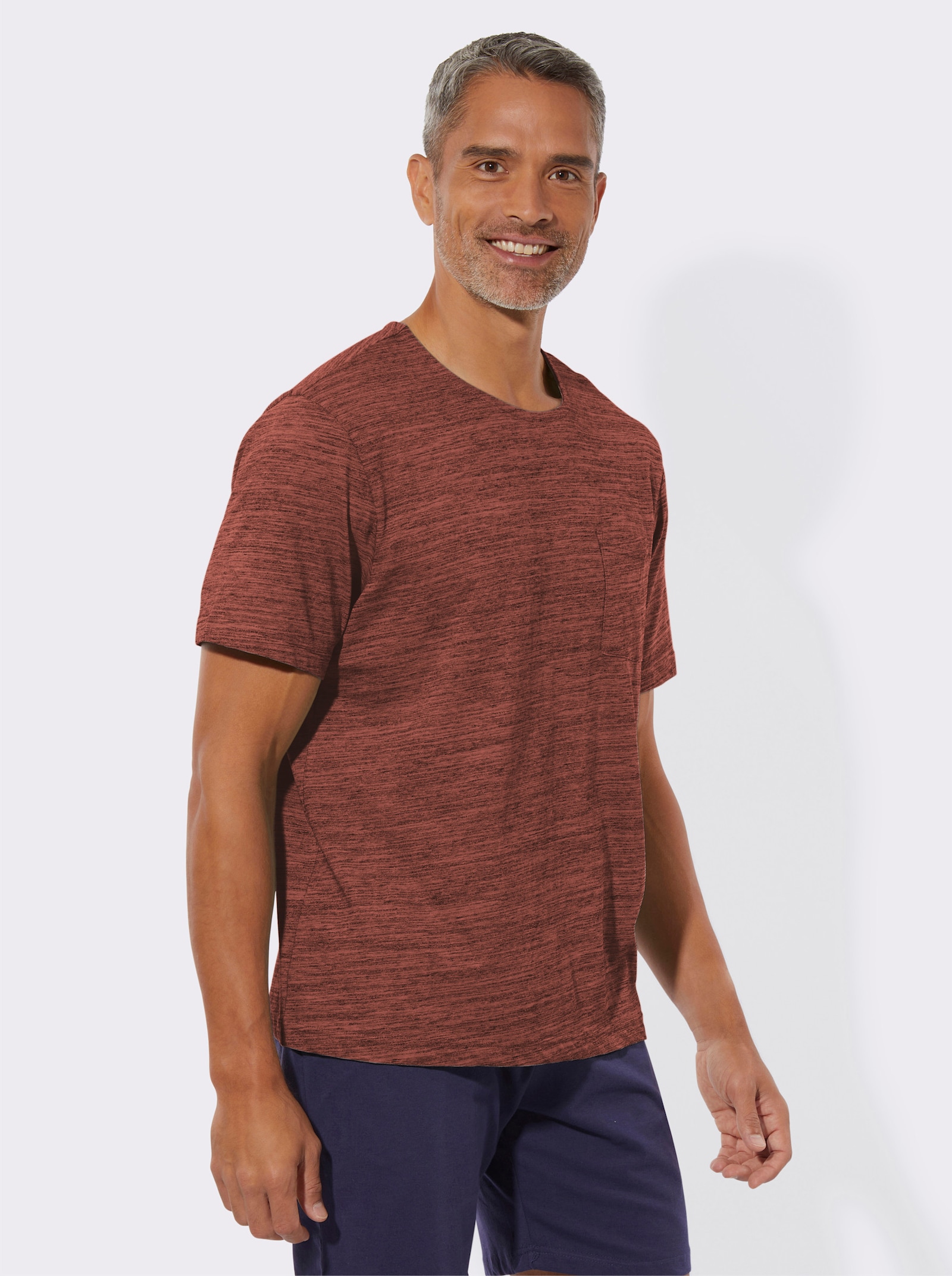 Schlafanzugshirt mit Brusttasche - rotbraun-meliert