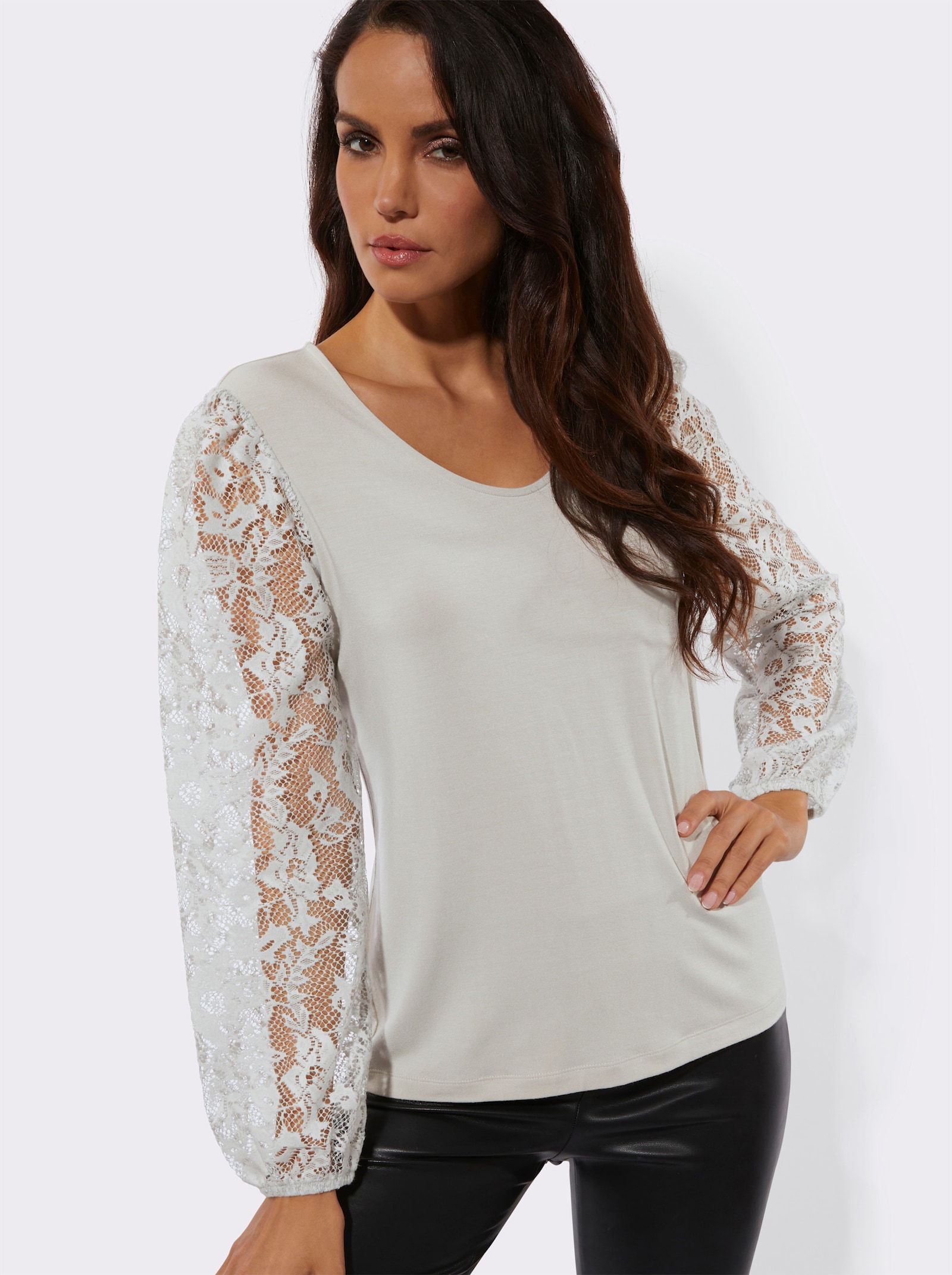 Spitzenshirt mit Lyocell - hellgrau