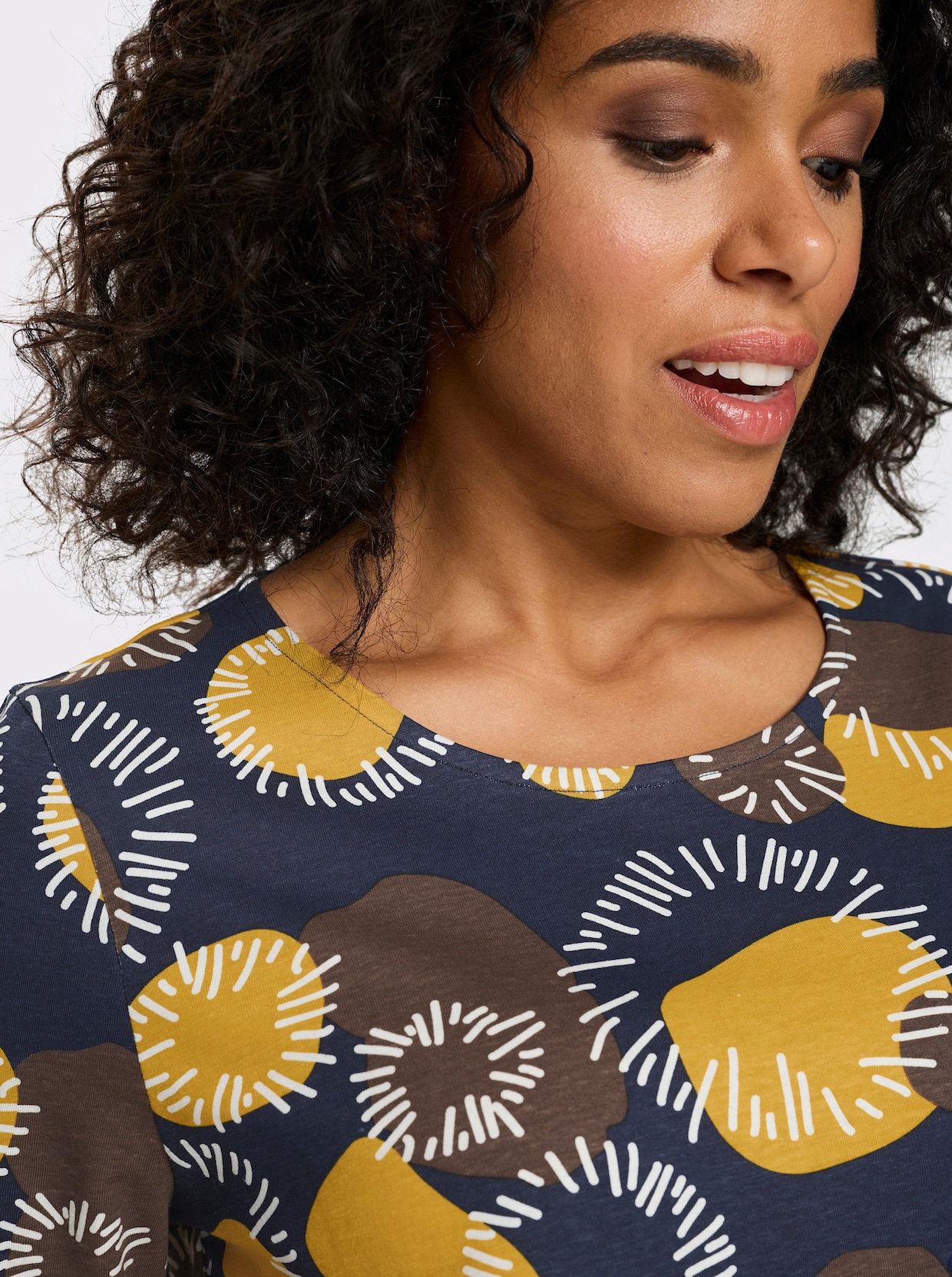 Longshirt mit 3/4-Ärmeln, Baumwolle - schoko-ocker-bedruckt