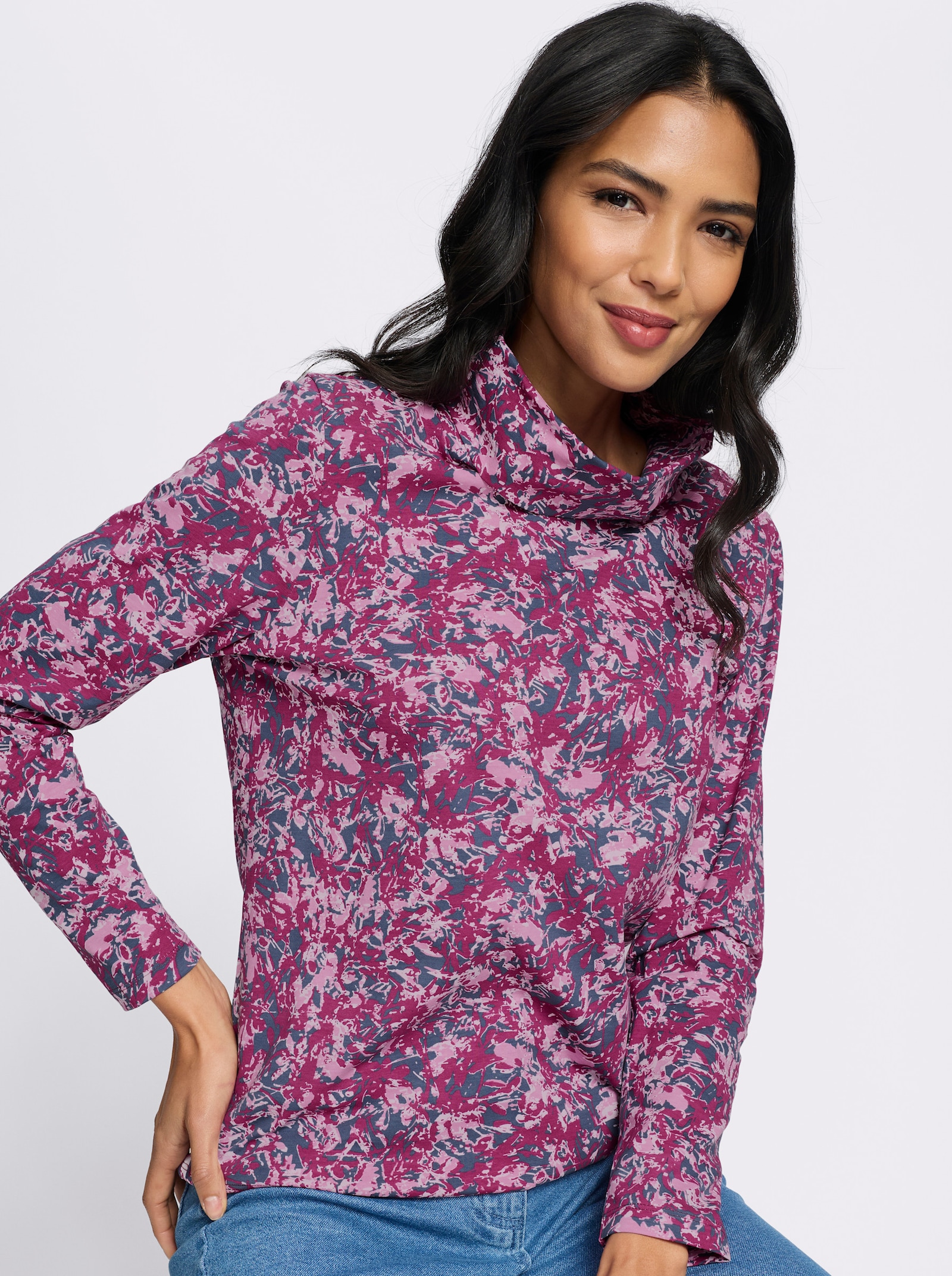 Rollkragenshirt im floralen Dessin - rauchblau-erika-bedruckt