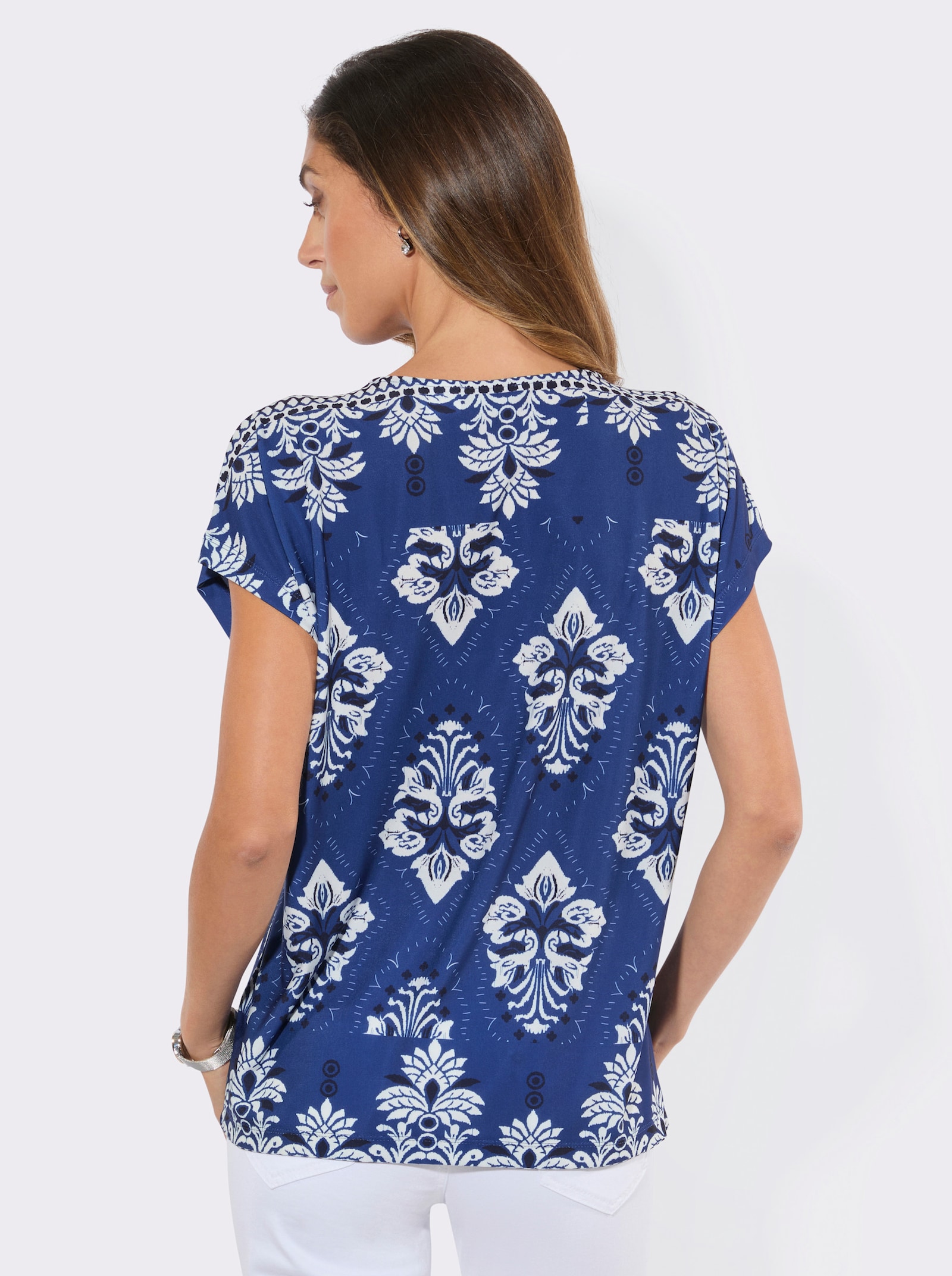 Print-Shirt mit Tuchdruck - royalblau-ecru-bedruckt