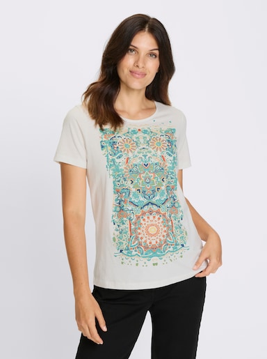 Kurzarmshirt - ecru-jeansblau-bedruckt