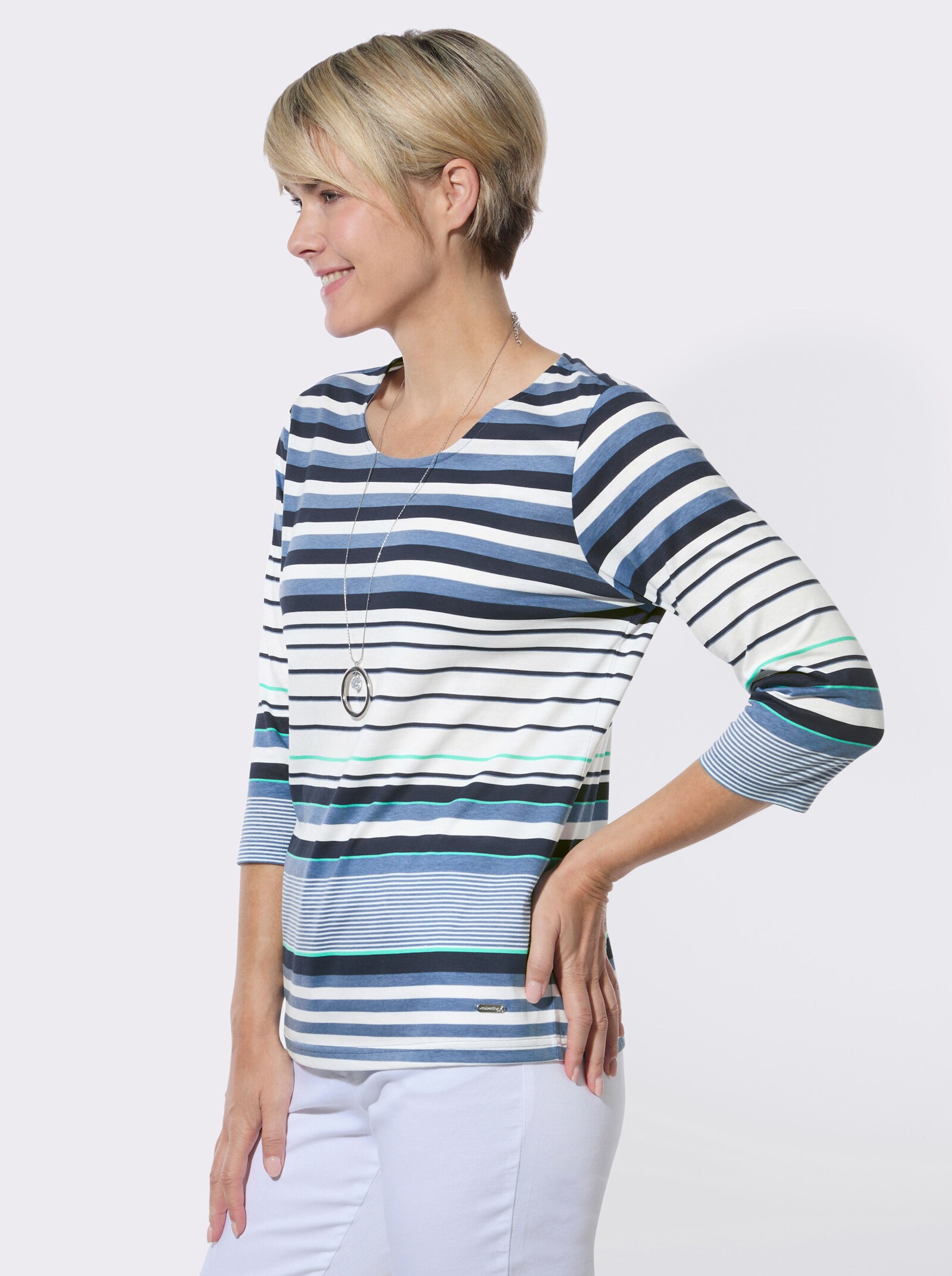 Rundhalsshirt mit 3/4-Ärmeln - mittelblau-ecru-geringelt