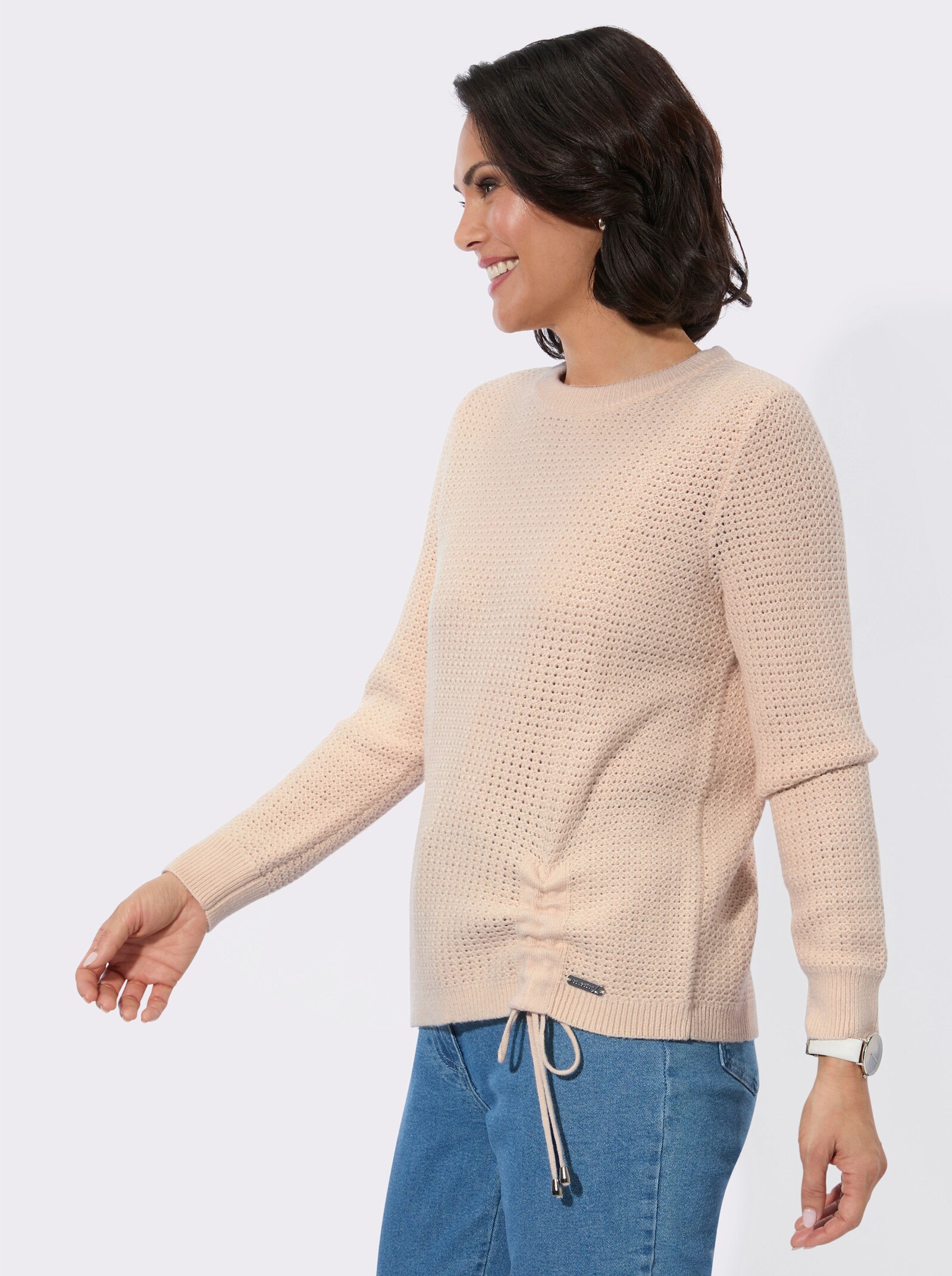 Rundhalspullover mit Schnürung am Saum - elfenbein