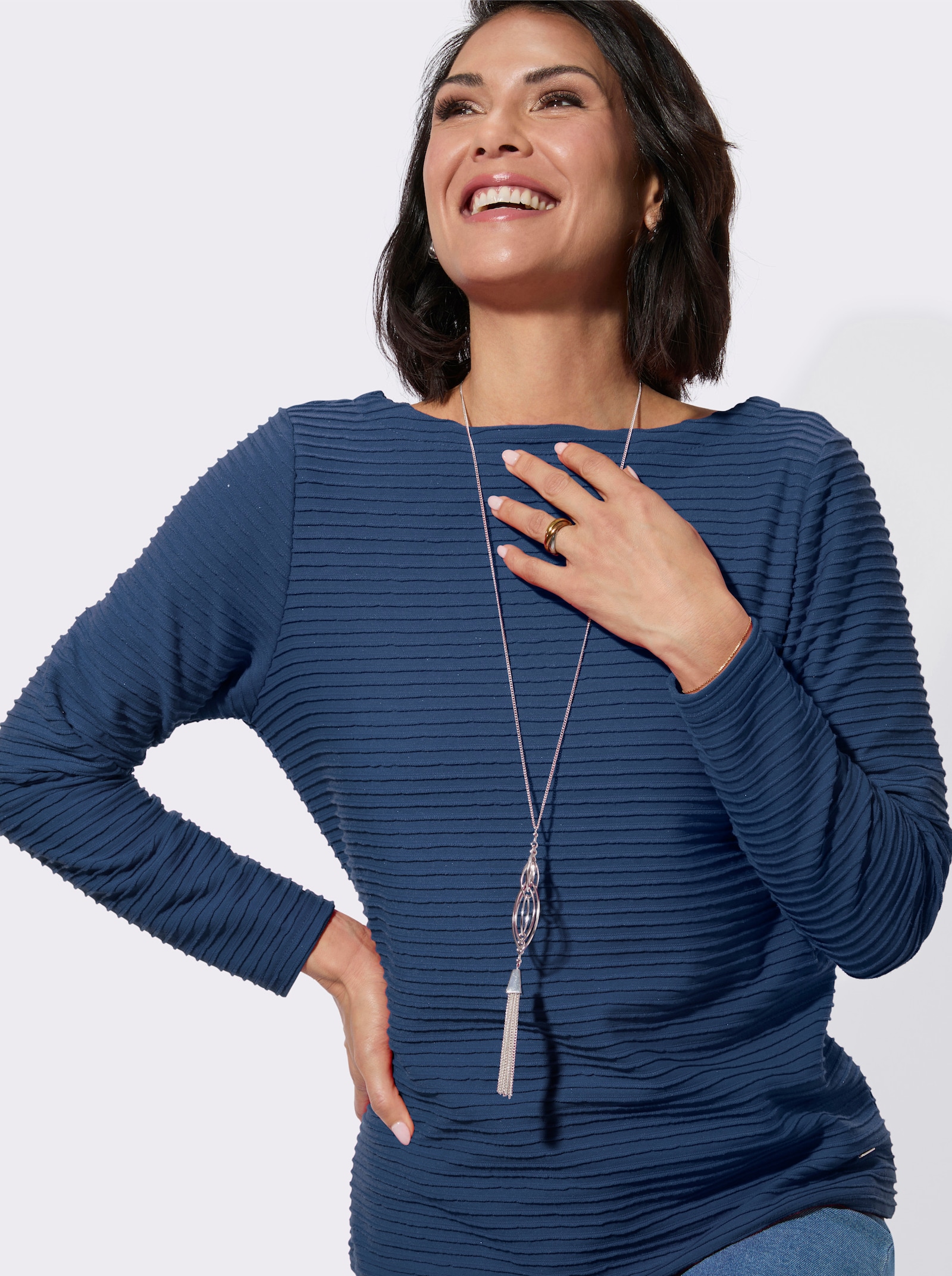 Langarmshirt mit U-Boot-Ausschnitt - jeansblau