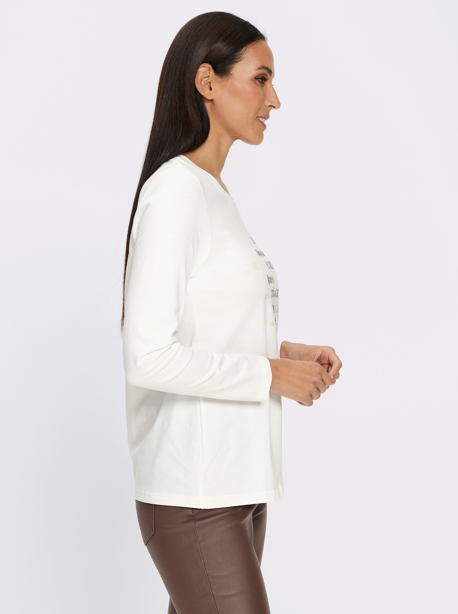 heine Langarmshirt Mit Ziersteinchen - ecru-steingrau-gemustert