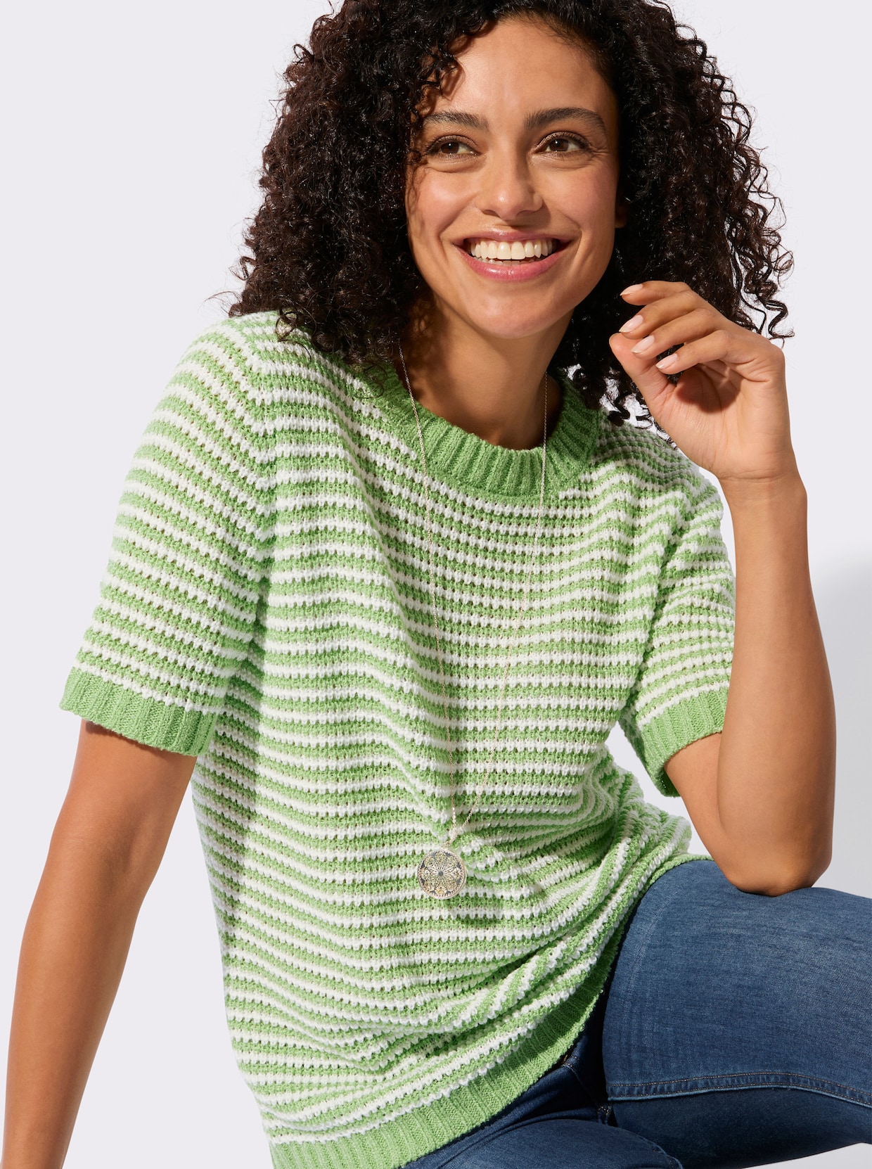 Kurzarmpullover - eucalyptus-ecru-geringelt