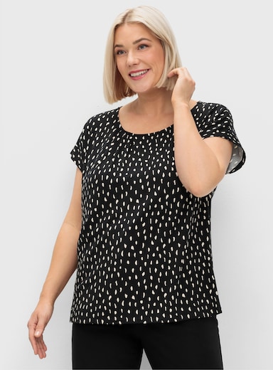 sheego Shirt met korte mouwen en grafische minimalistische print - zwart gedessineerd