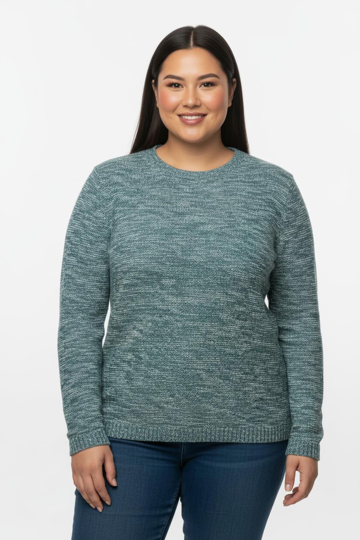 Rundhalspullover aus Melange-Strick - petrol-meliert