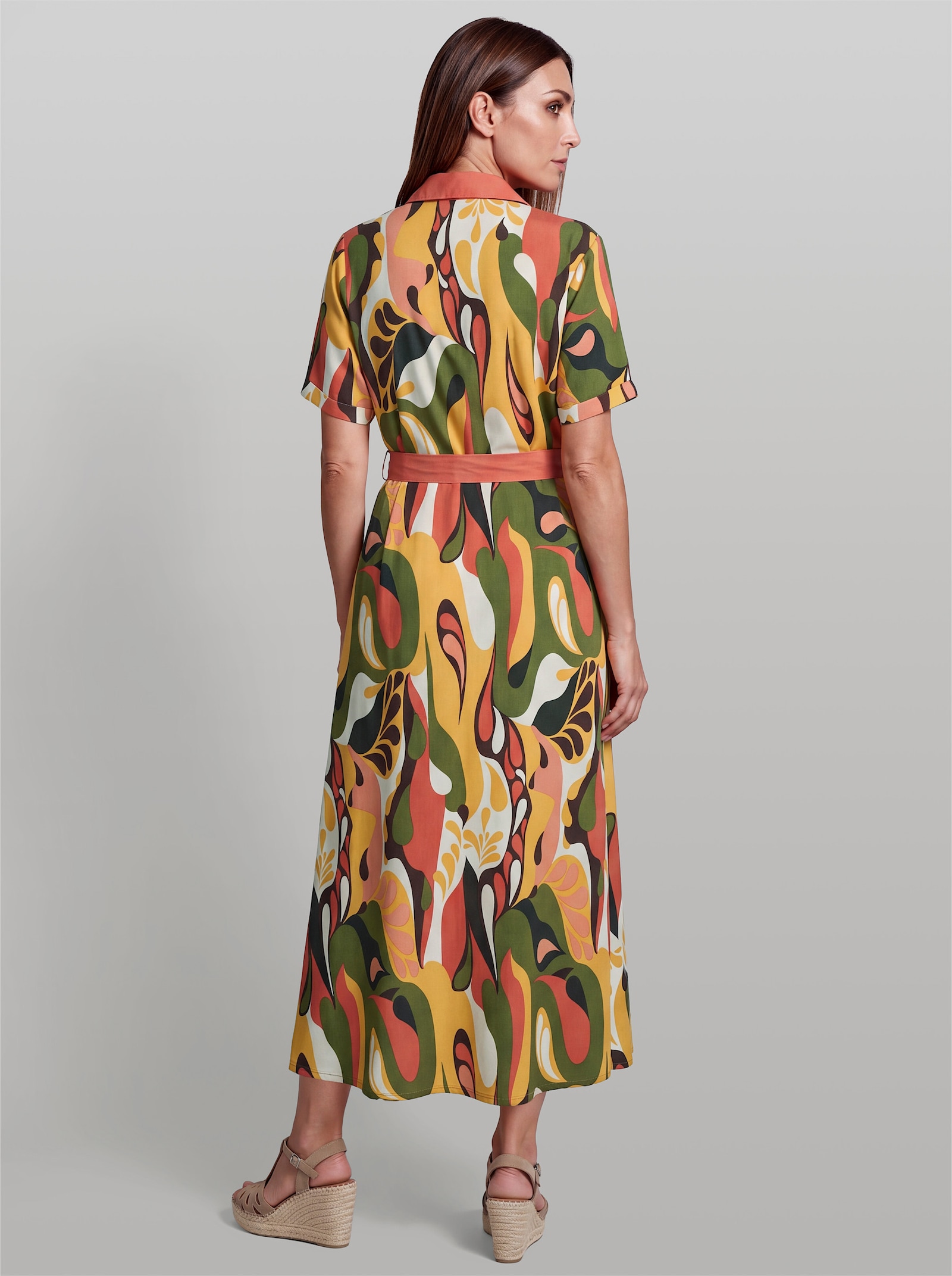 heine Druckkleid mit Bindegürtel - papaya-schoko-bedruckt