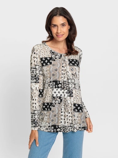 Tunikashirt mit Patchwork-Muster - schwarz-ecru-bedruckt