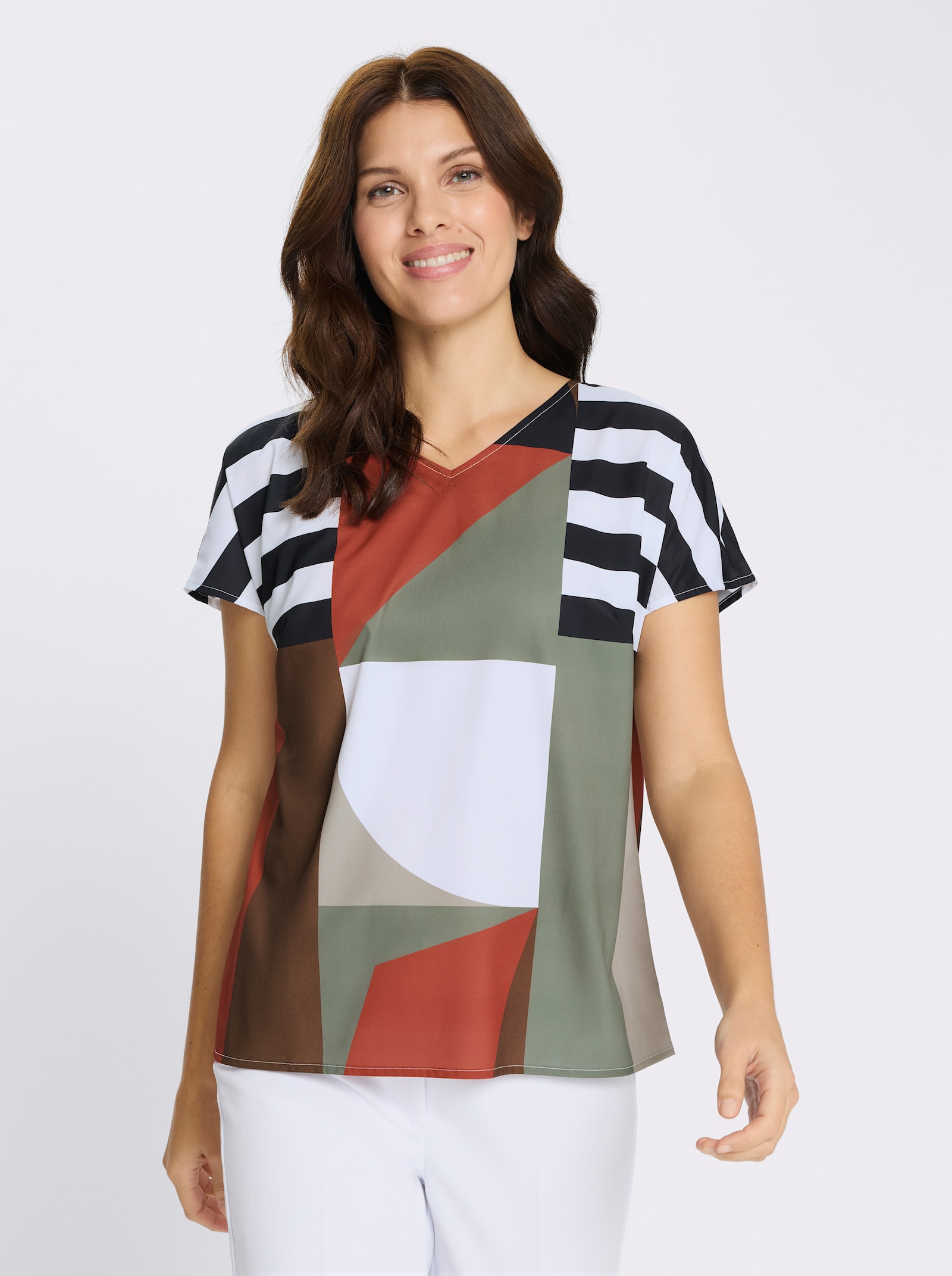 Schlupfbluse mit überschnittenen Schultern - terra-schlamm-bedruckt