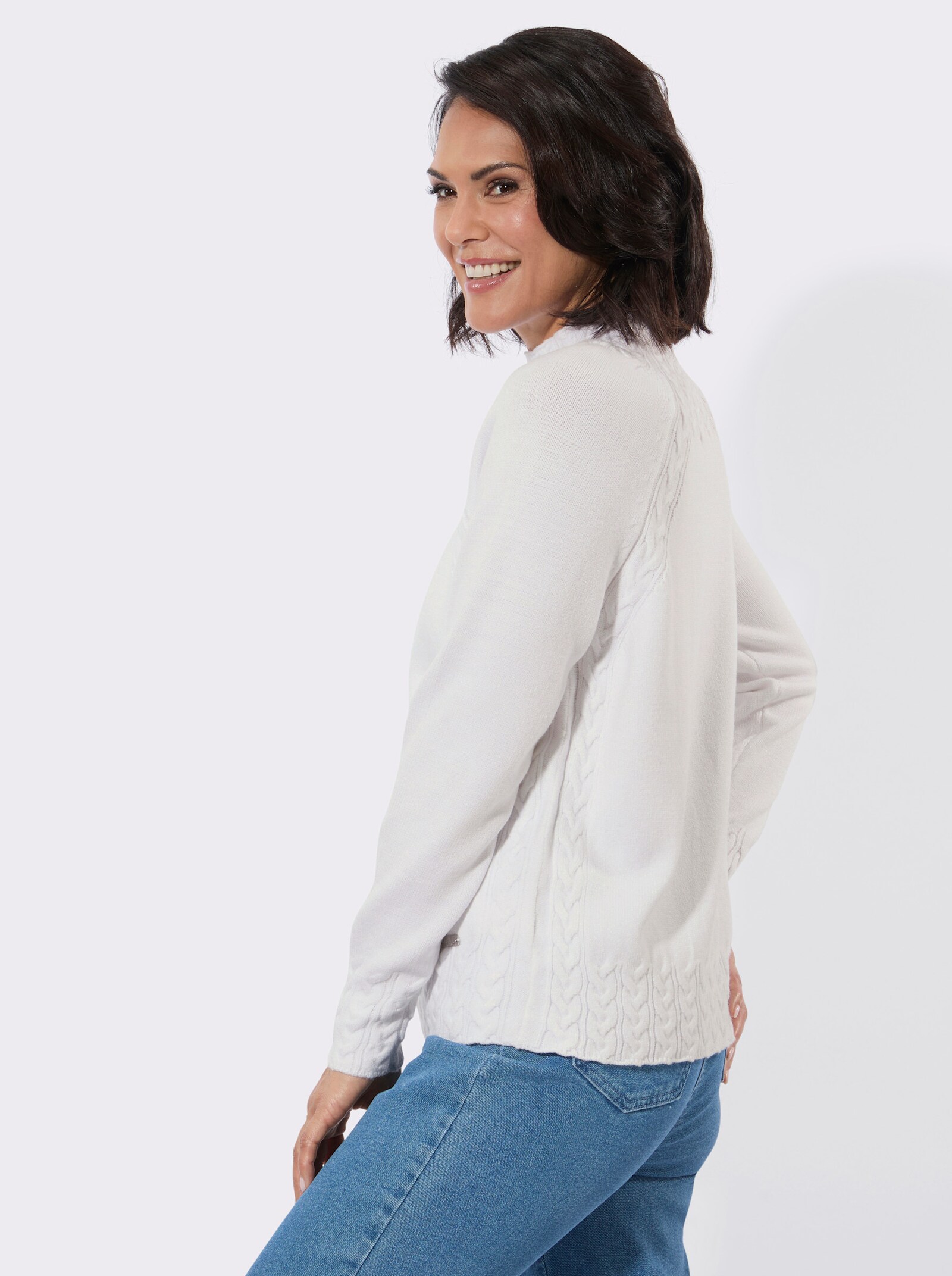 Stehkragenpullover mit Zopfmuster vorn - ecru