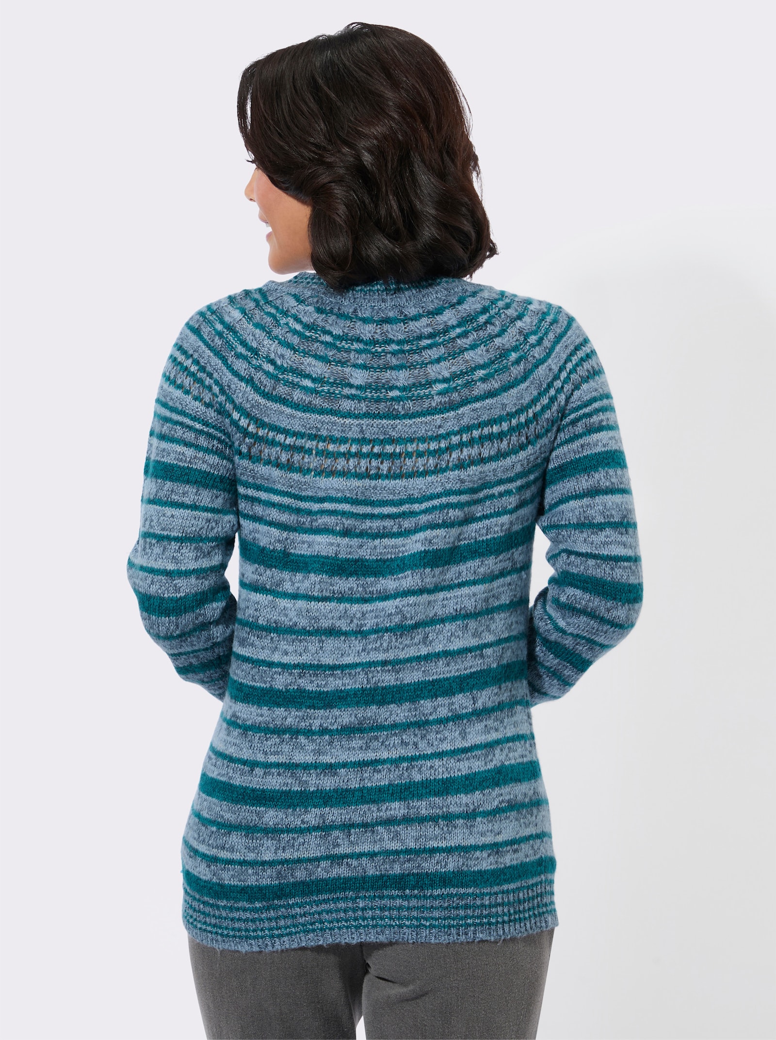 Rundhalspullover aus effektvollem Flauschgarn - hellblau-aquapetrol-geringelt