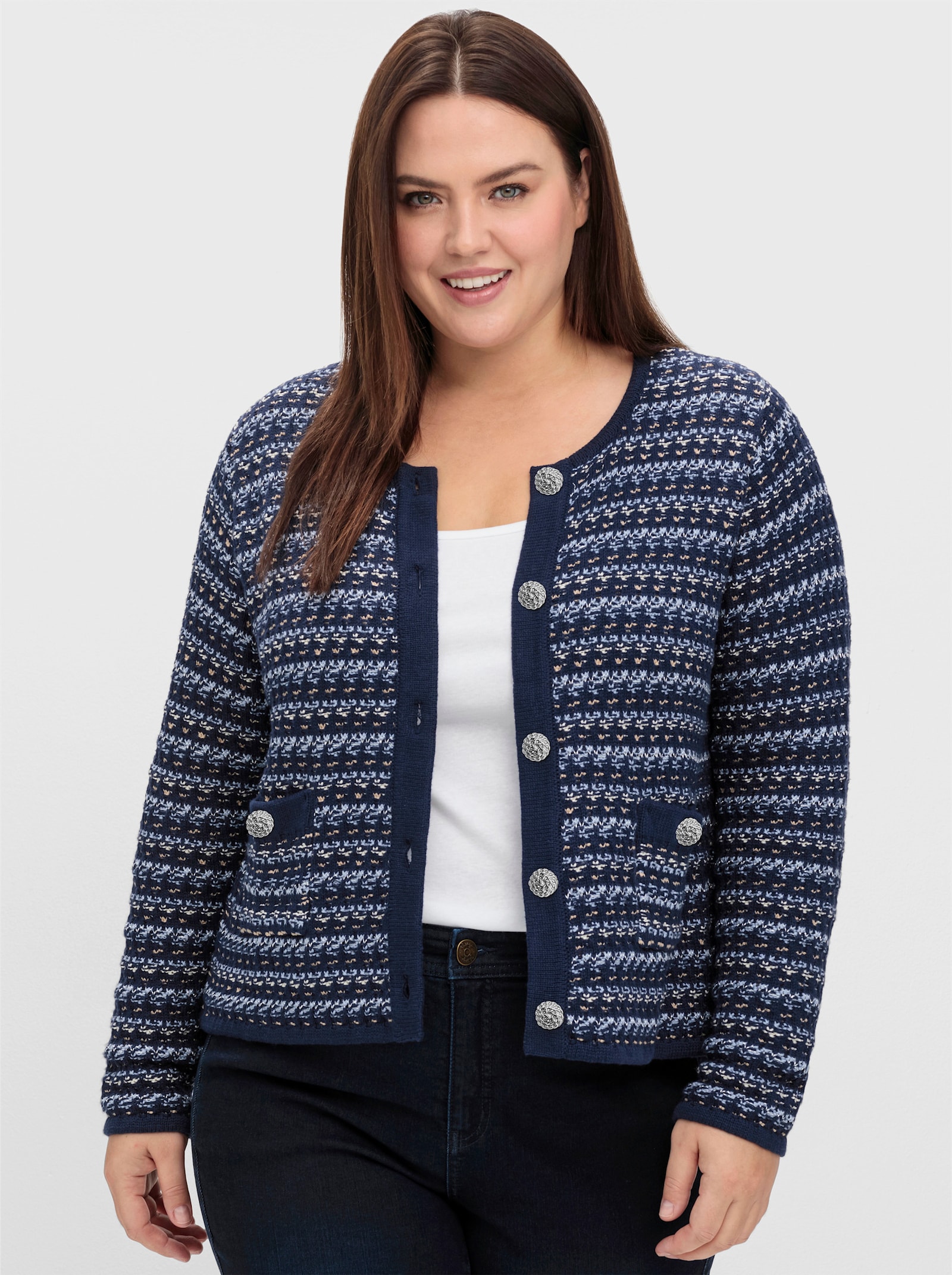 sheego Strickjacke mit Glitzerstreifen - blau gemustert