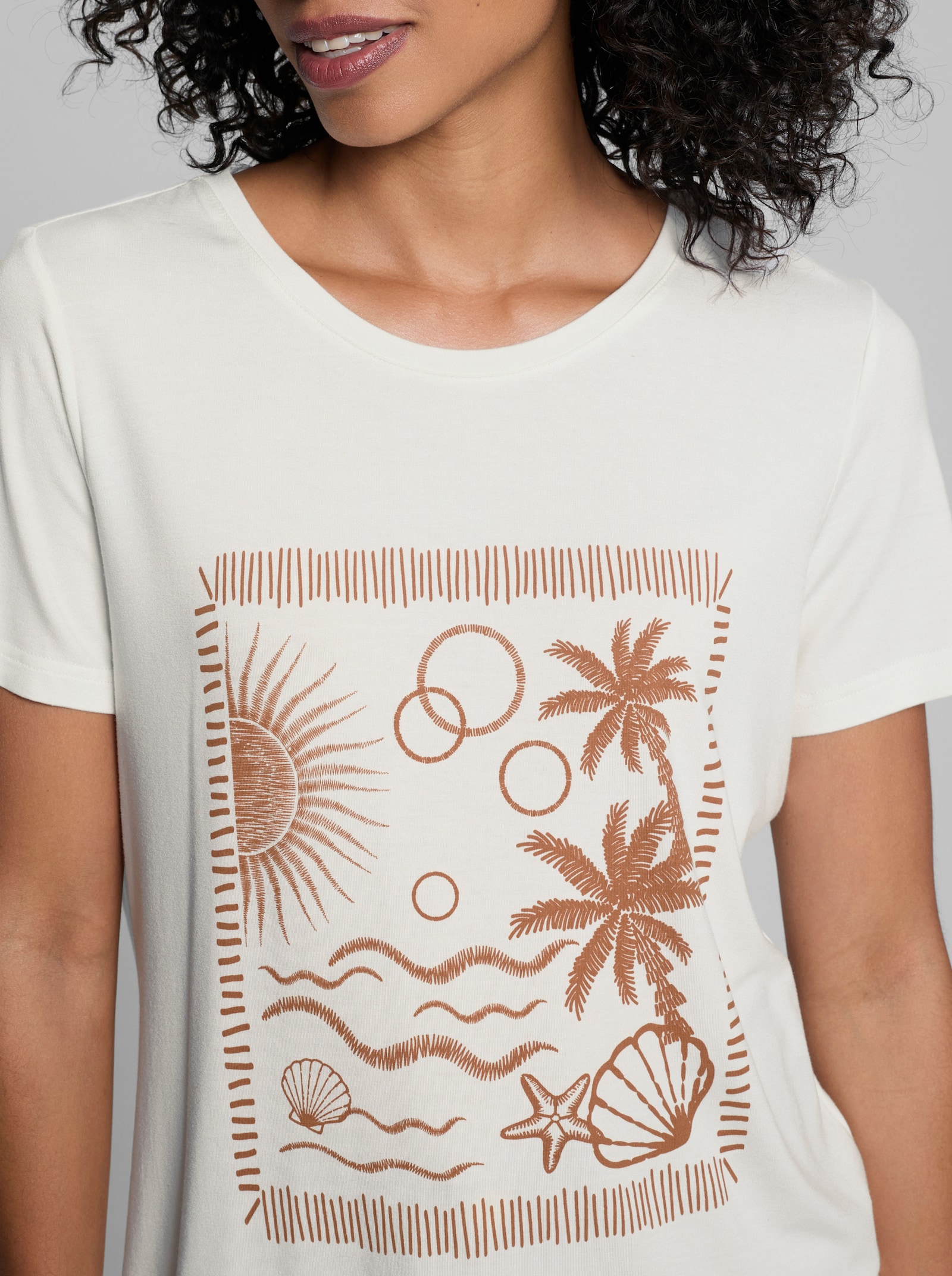 heine Kurzarmshirt mit Strand-Motiv - cognac-ecru-gemustert