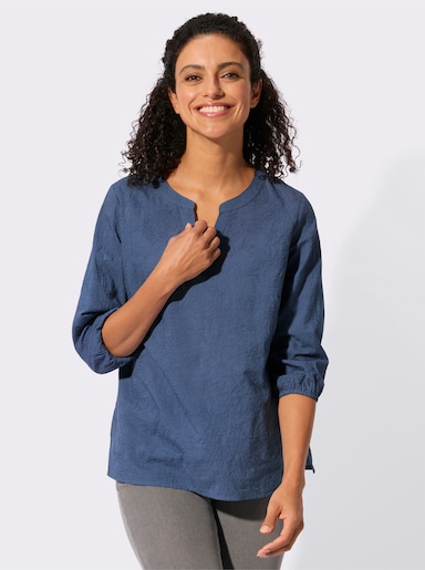 Impressionen Baumwollbluse mit Ton-in-Ton-Stickerei - jeansblau