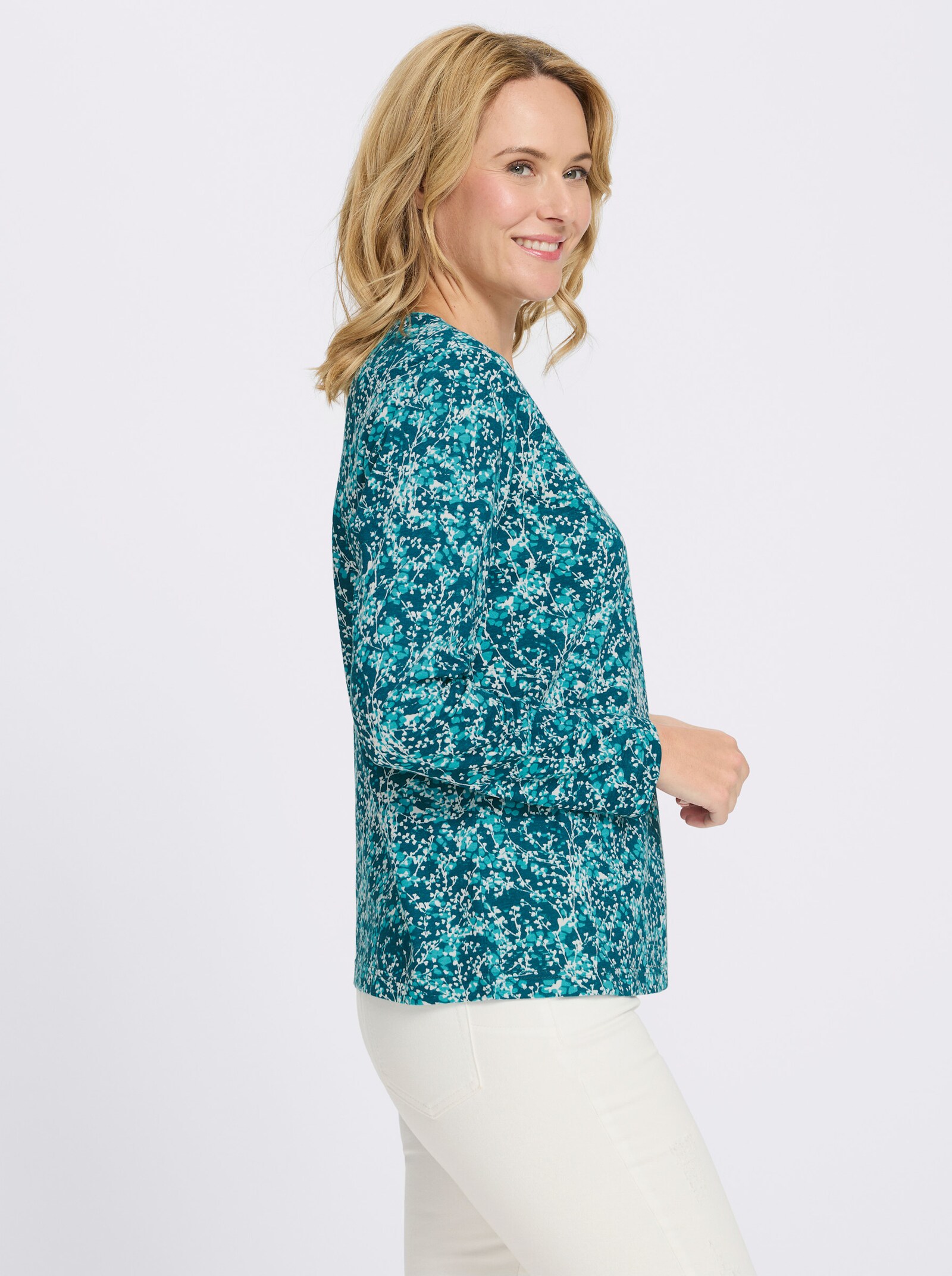 Langarmshirt mit Millefleur-Druck - petrol-ecru-bedruckt