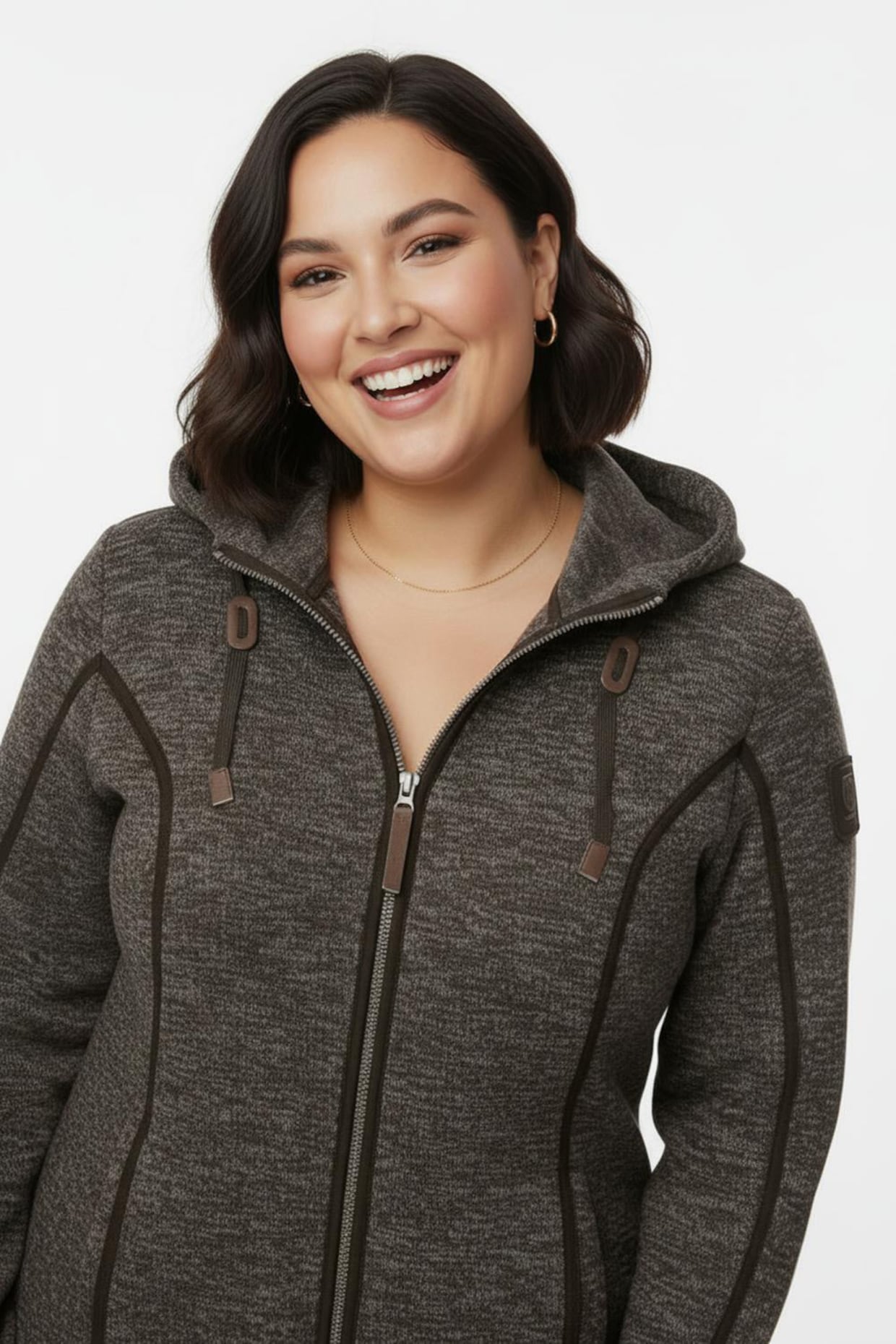 Kapuzenfleecejacke mit Umlegekragen - mokka-meliert