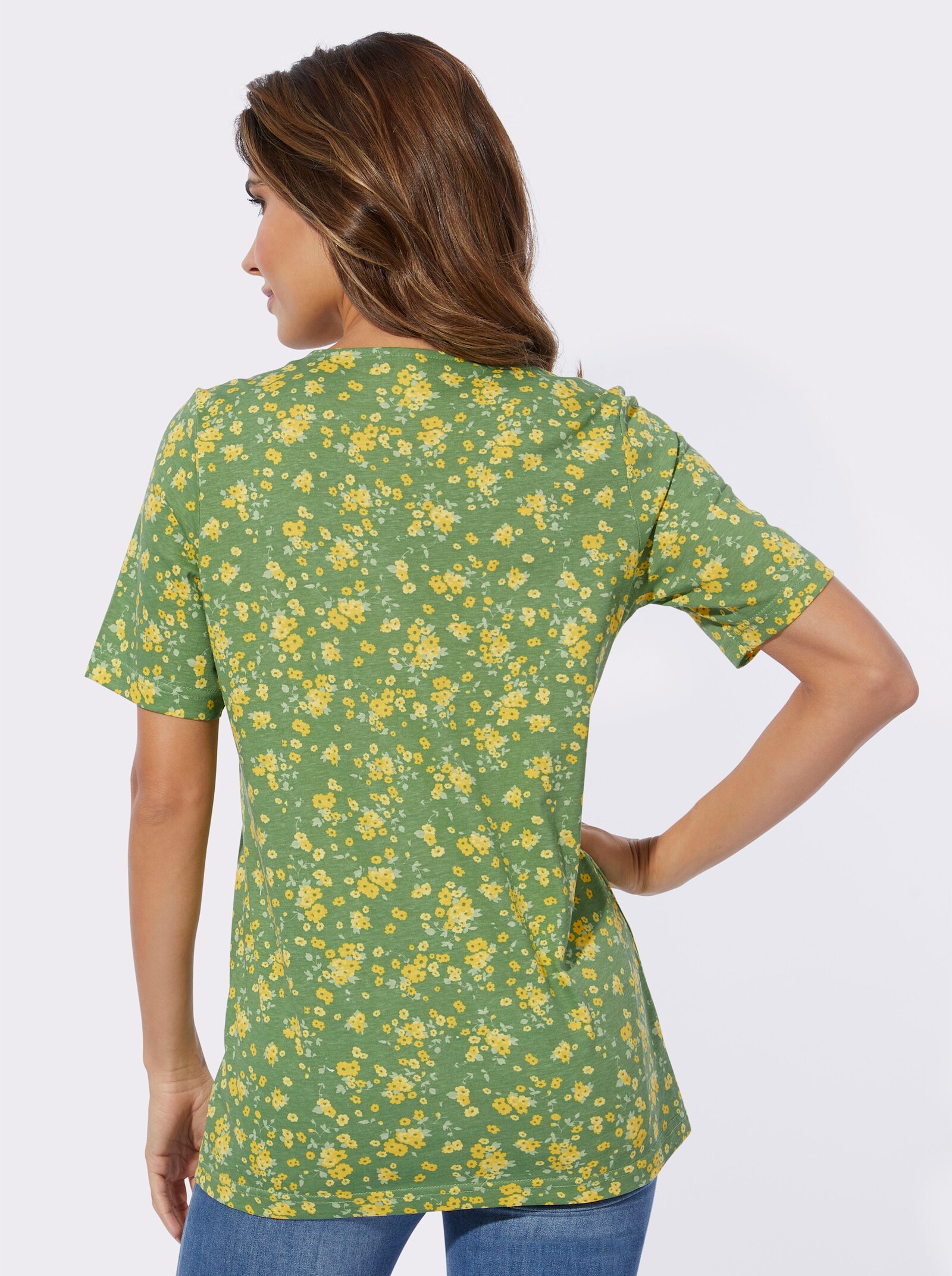 Shirt met korte mouwen in millefleurs-dessin - eucalyptus/citroen bedrukt