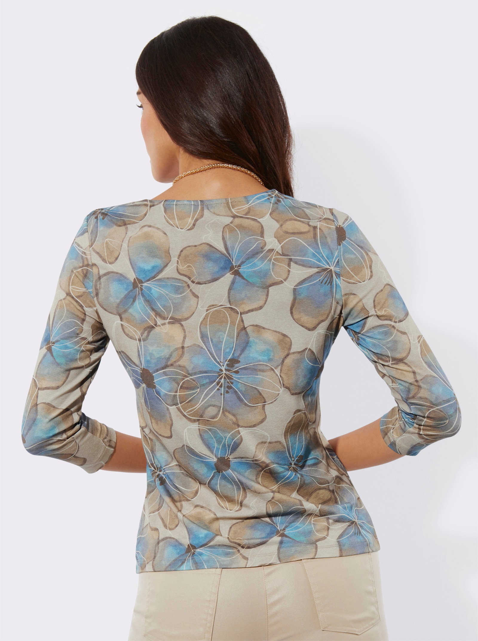 Rundhalsshirt mit Blütendruck rundum - sand-bleu-bedruckt