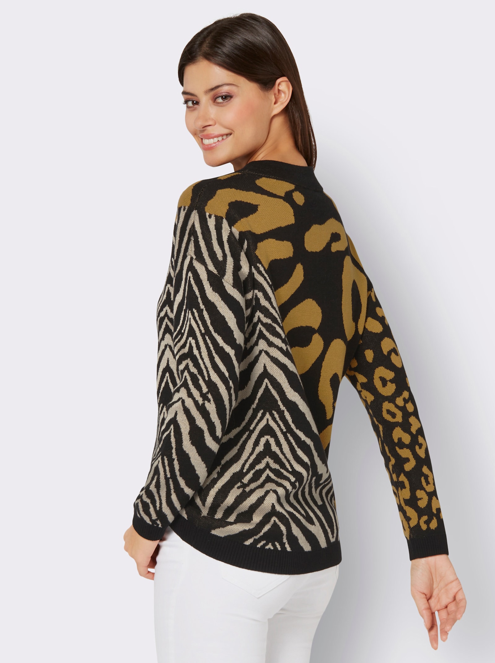  Jacquard-Pullover im Zebra-Leoparden-Dessin - schwarz-ocker-gemustert