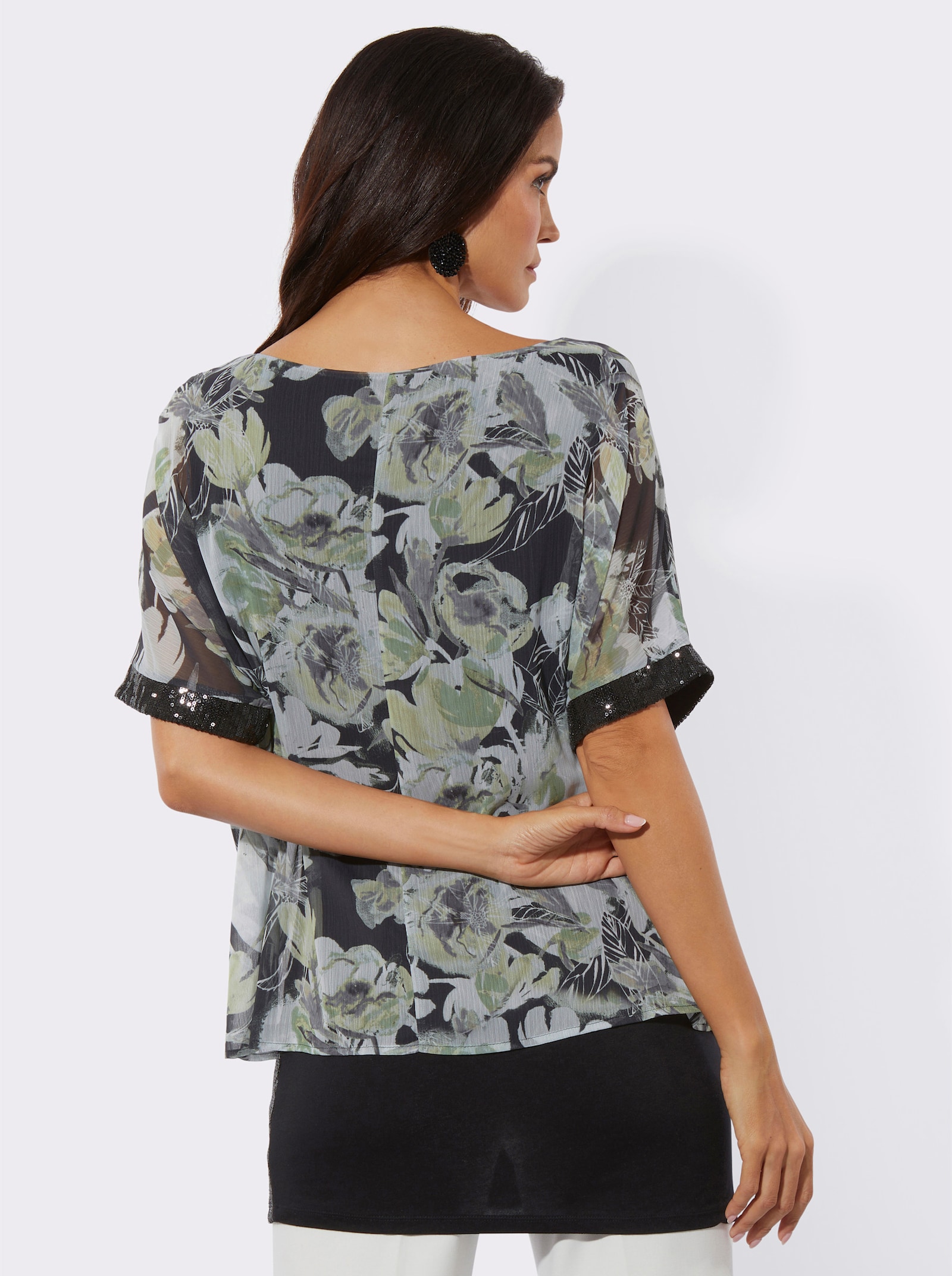 Kurzarmbluse mit schimmernden Pailletten - schwarz-lindgrün-bedruckt