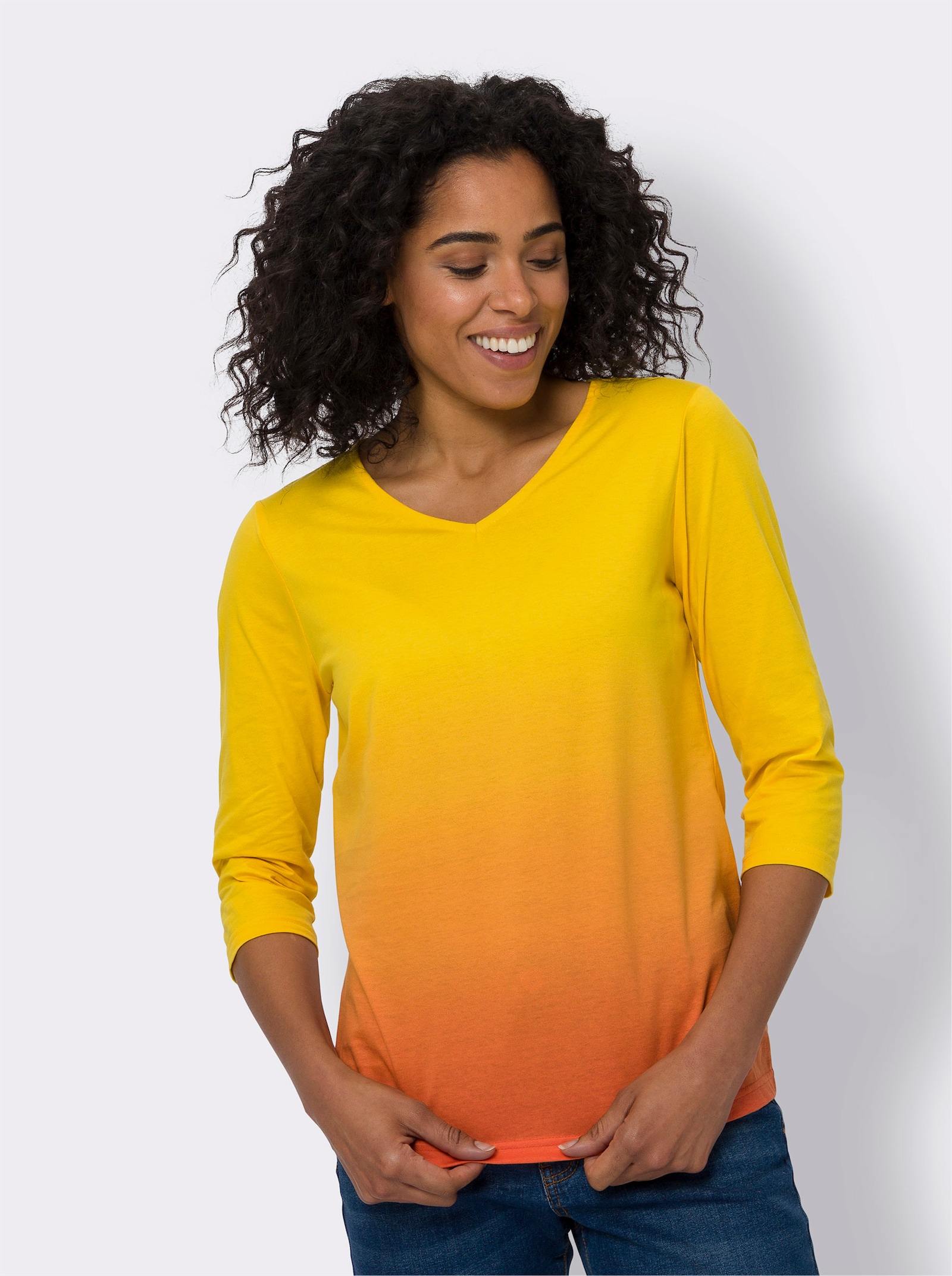 3/4-Arm-Shirt mit Farbverlauf - sonnengelb-orange-bedruckt