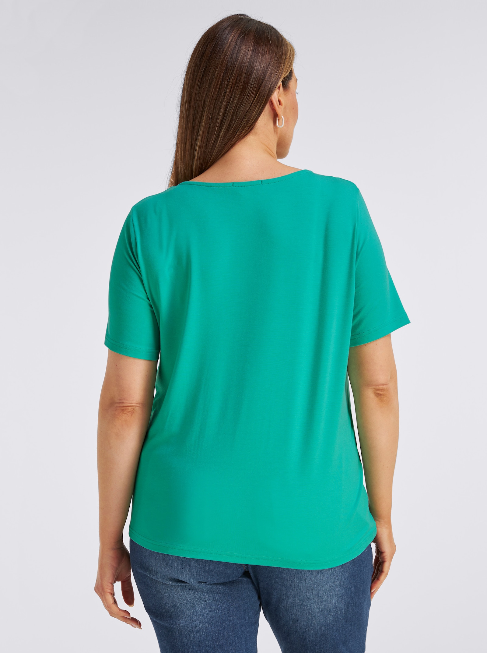 Kurzarmshirt mit Schriftzug aus Glitzersteinchen - blaugrün