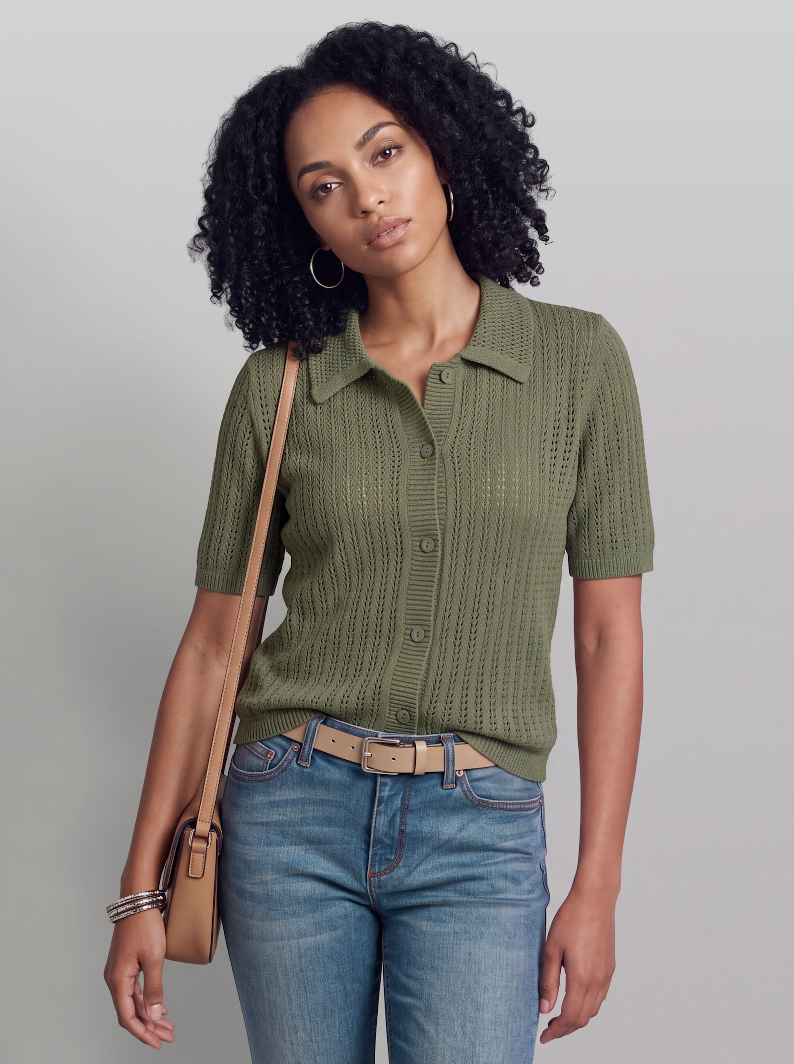 heine Ajourstrickjacke mit Hemdkragen - khaki
