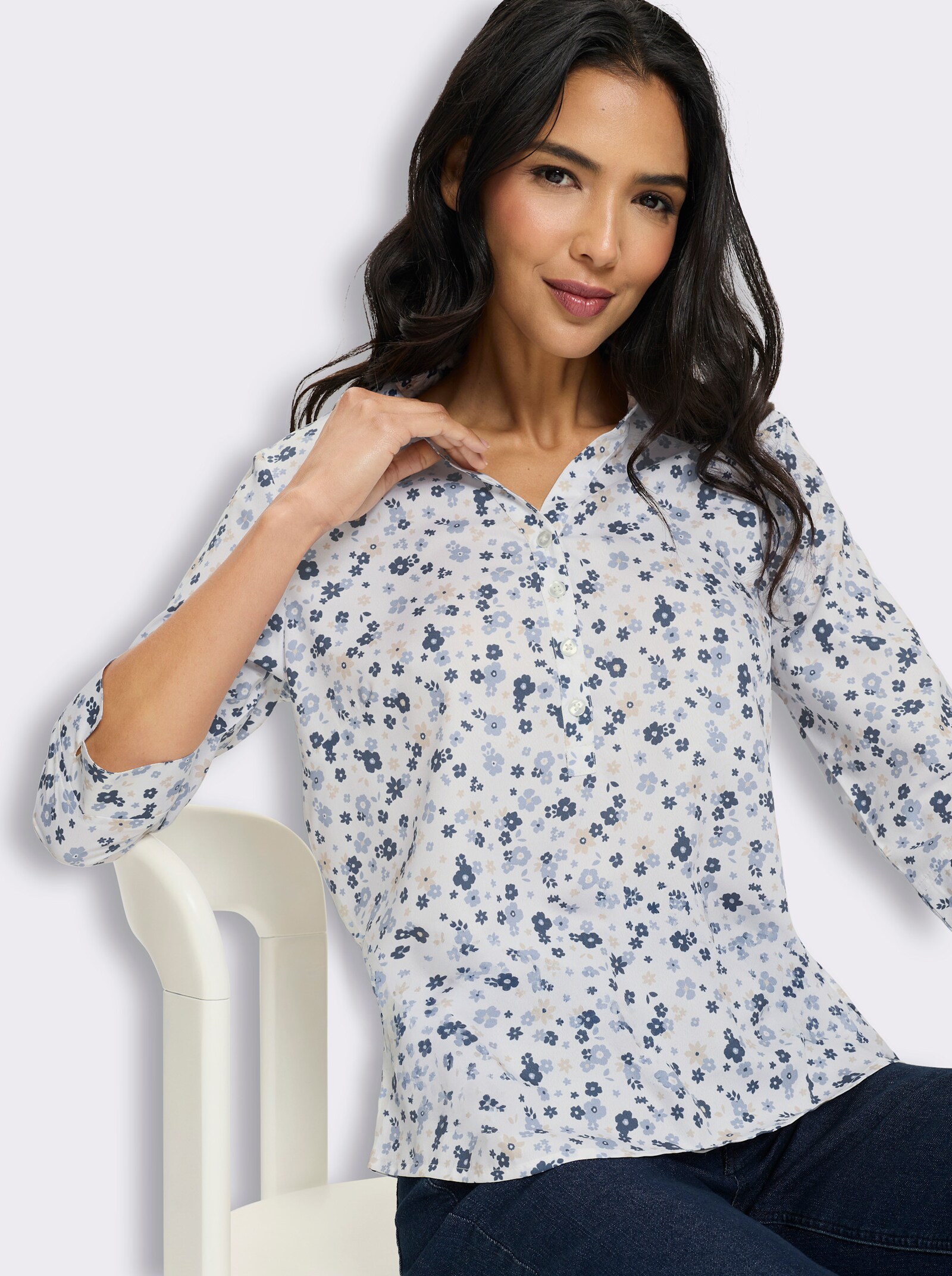 Schlupfbluse mit Millefleurs-Muster - ecru-bleu-bedruckt