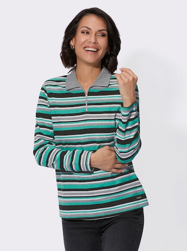 Shirt mit Troyerkragen, geringelt - salbei-schwarz-geringelt