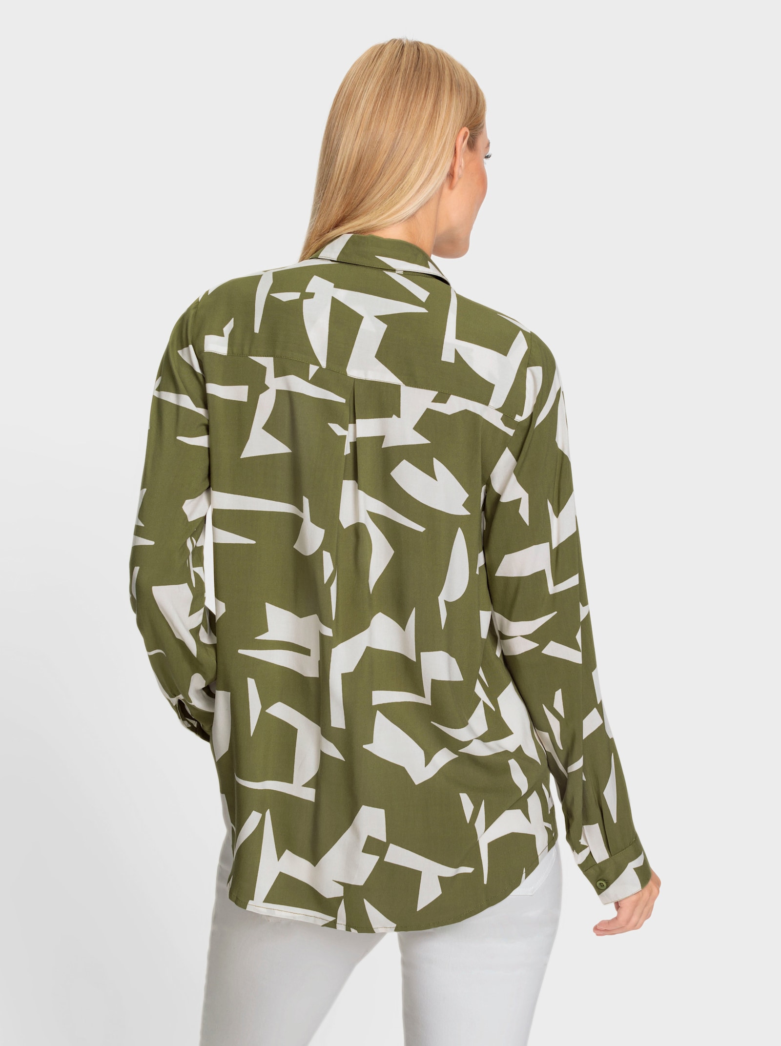 heine Langarm-Bluse mit grafischem Druck-Dessin - oliv-champagner-gemustert