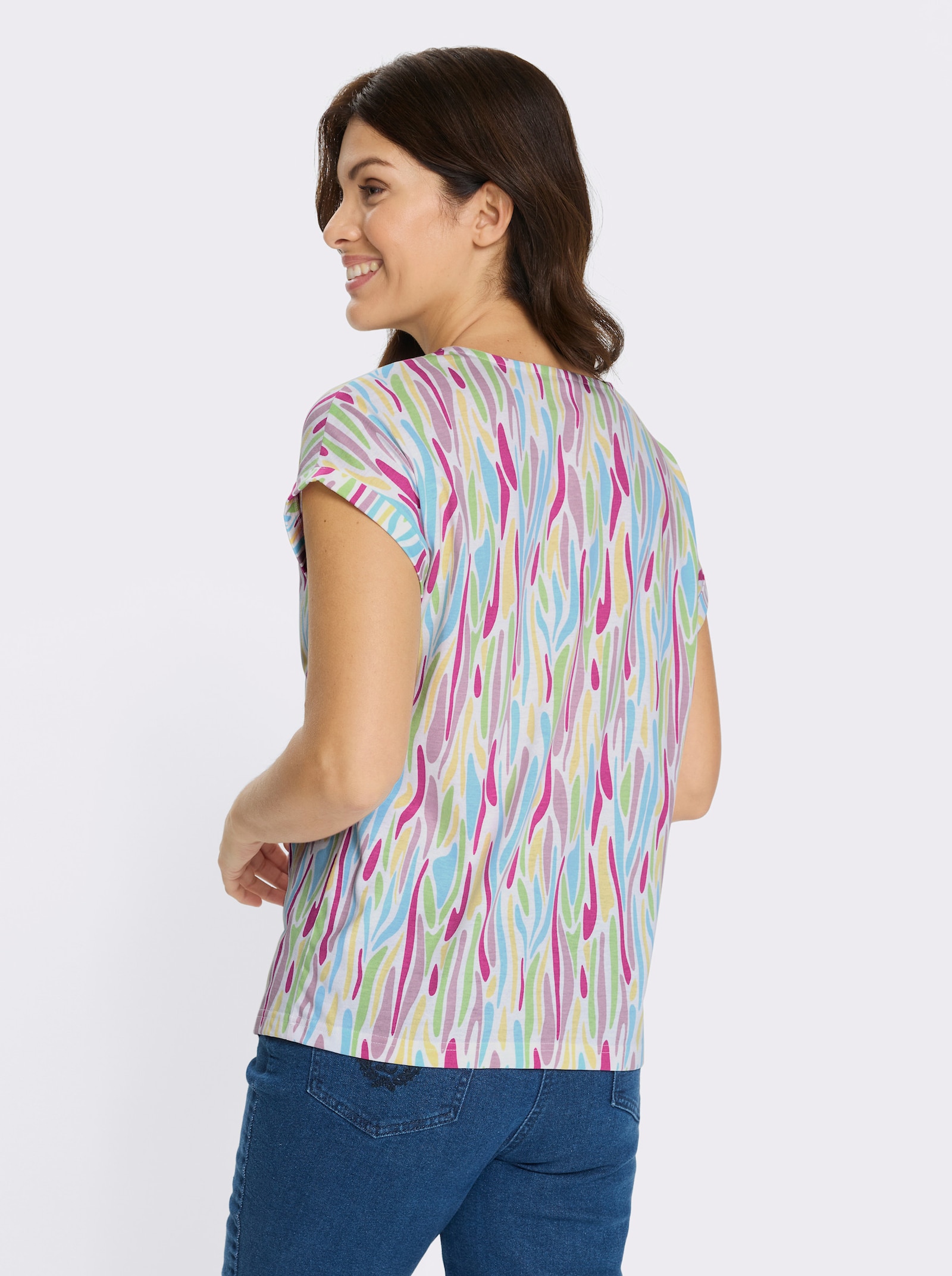 Kurzarmshirt mit Ärmelaufschlag - fuchsia-aquamarin-bedruckt