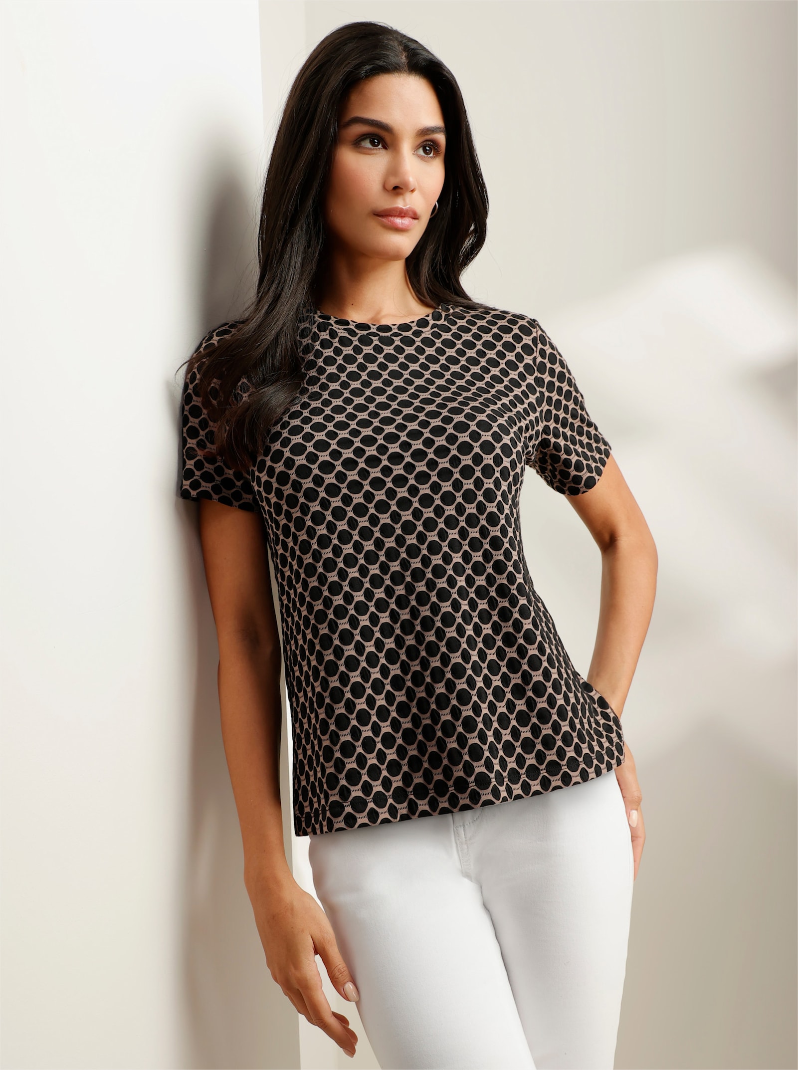 heine T-Shirt im Jacquard-Dessin - schwarz-taupe-gemustert