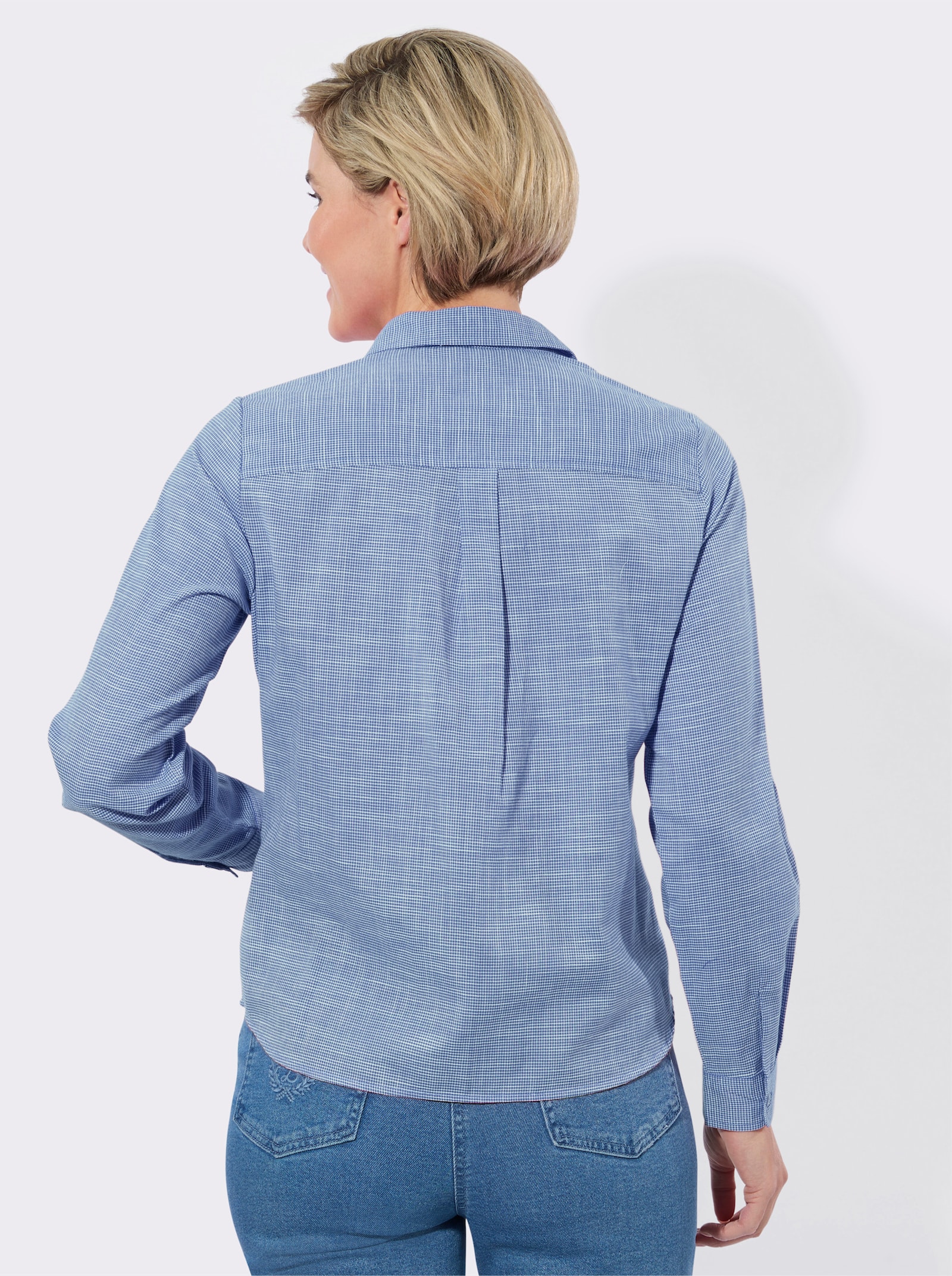 Langarmbluse mit Karo-Muster - mittelblau-ecru-kariert