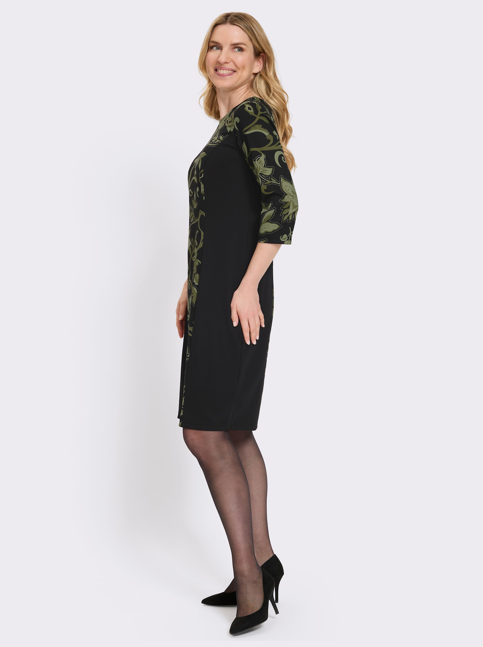Druckkleid im Paisley-Dessin - schwarz-oliv-bedruckt