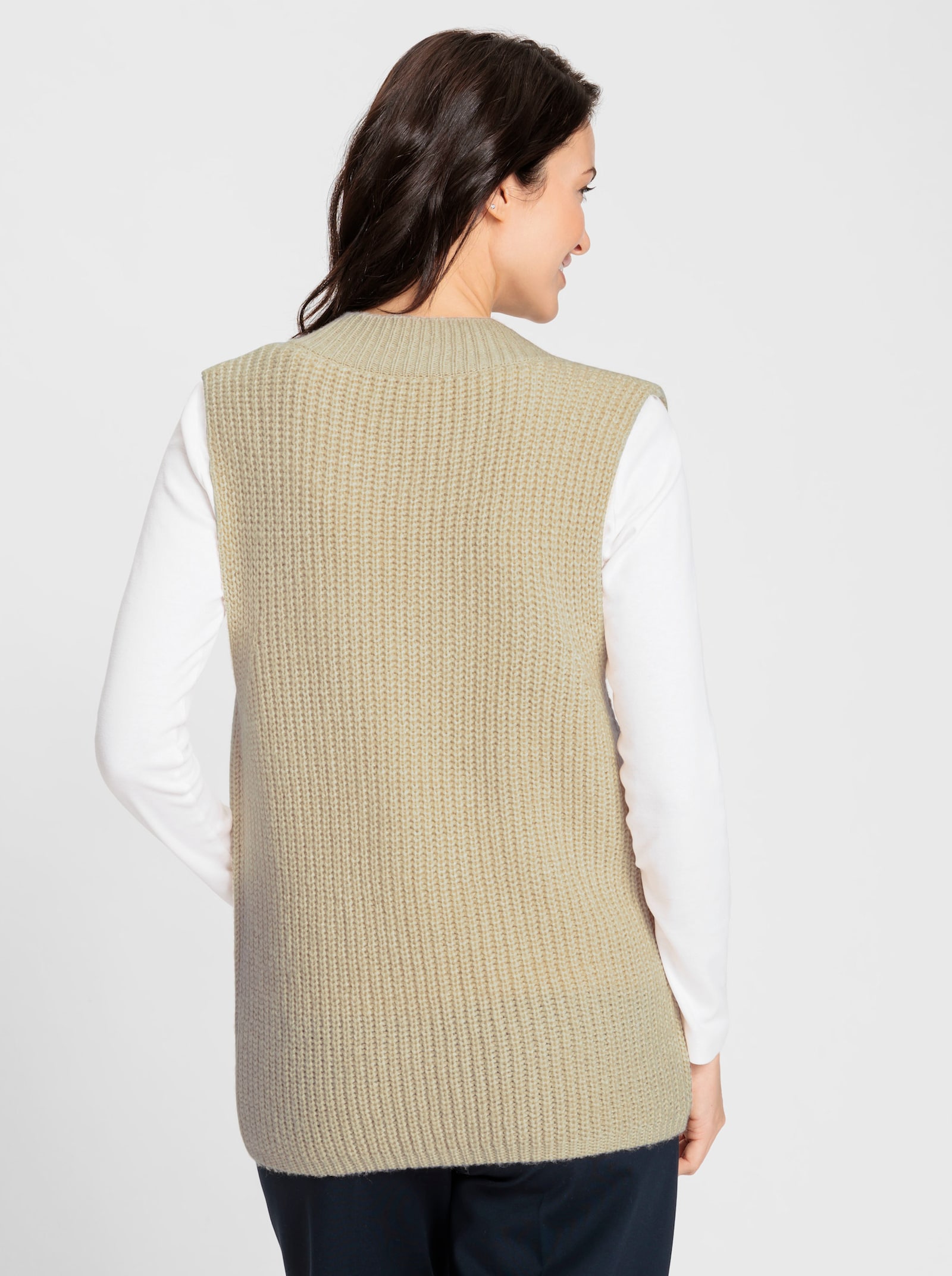 Mouwloos vest met knopen in houtlook - zand