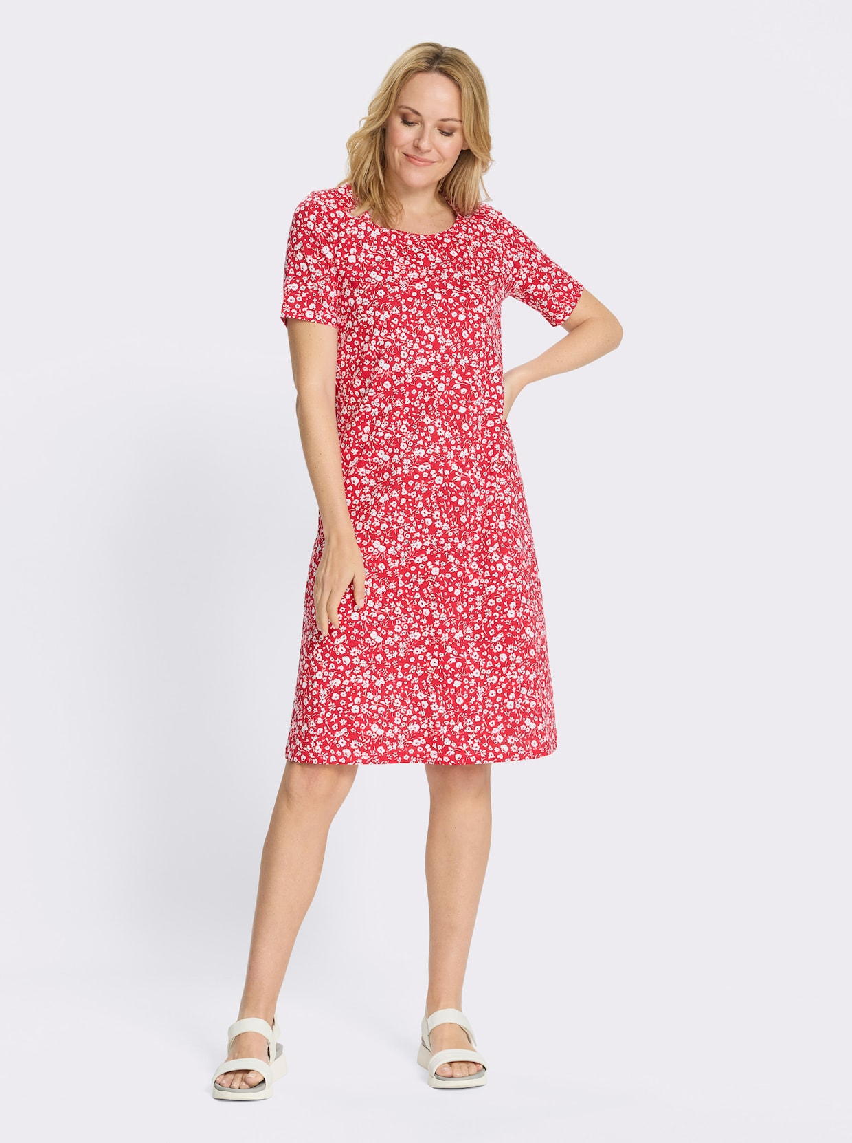 Jerseykleid im Millesfleurs-Dessin - rot-weiß-bedruckt