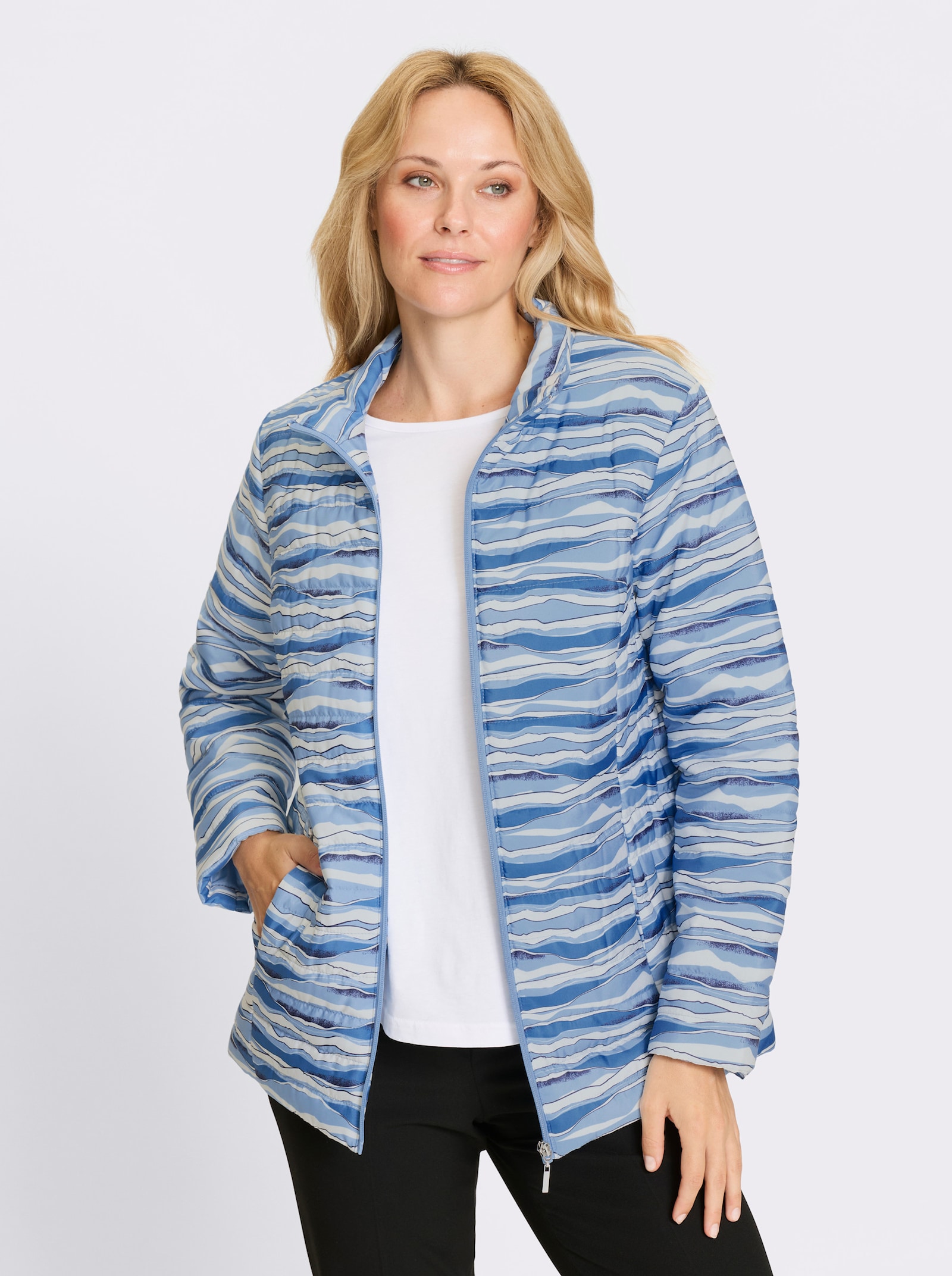 Steppjacke mit Stehkragen - mittelblau-ecru-bedruckt