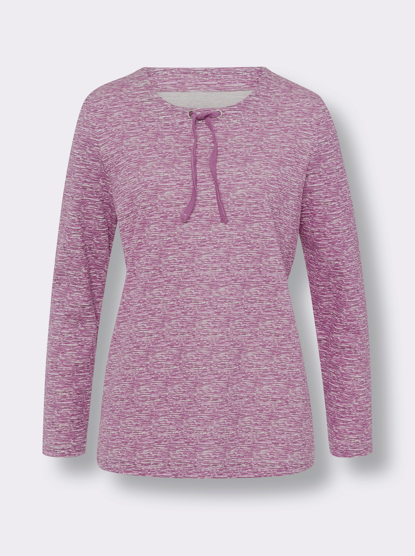 Langarmshirt mit Bindeband am Ausschnitt - violett-ecru-bedruckt
