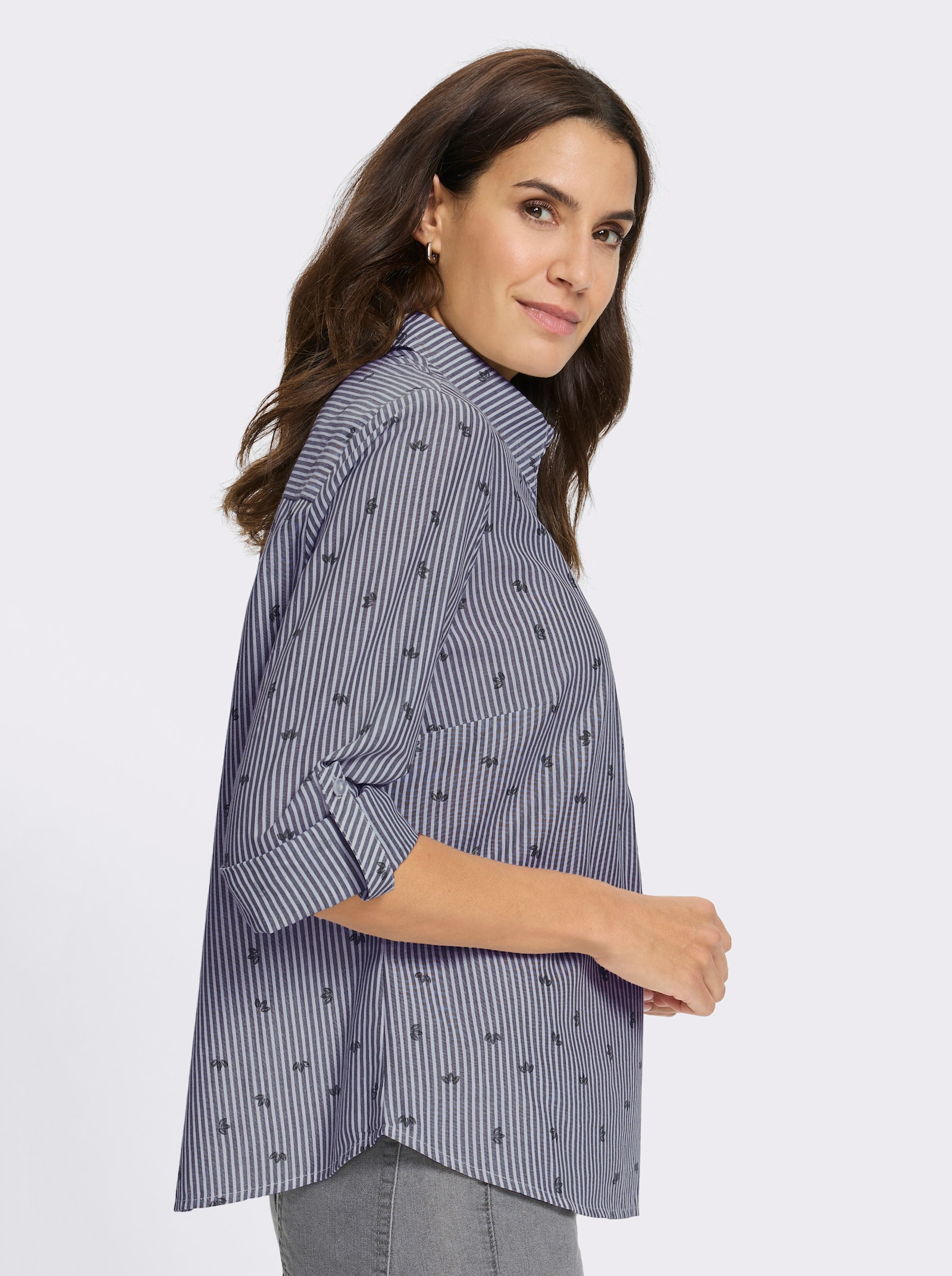 Baumwollbluse mit Krempel-Ärmeln - marine-gestreift