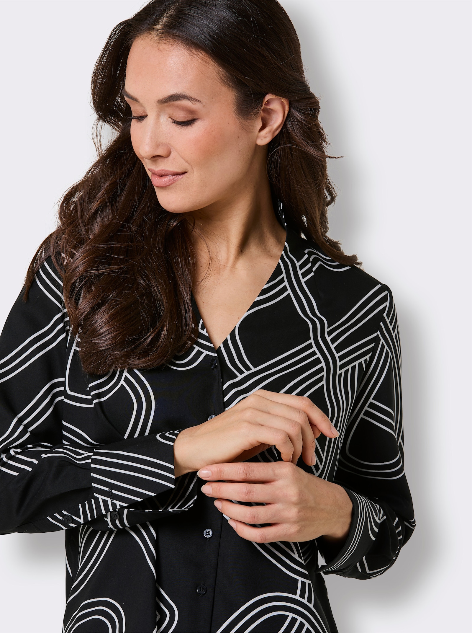 CREATION L PREMIUM Druckbluse mit Manschetten - schwarz-ecru-bedruckt