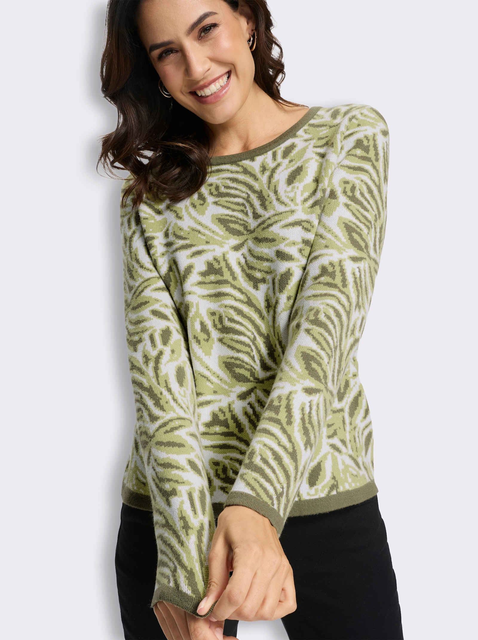  Jacquard-Pullover mit floralem Muster - khaki-ecru-gemustert