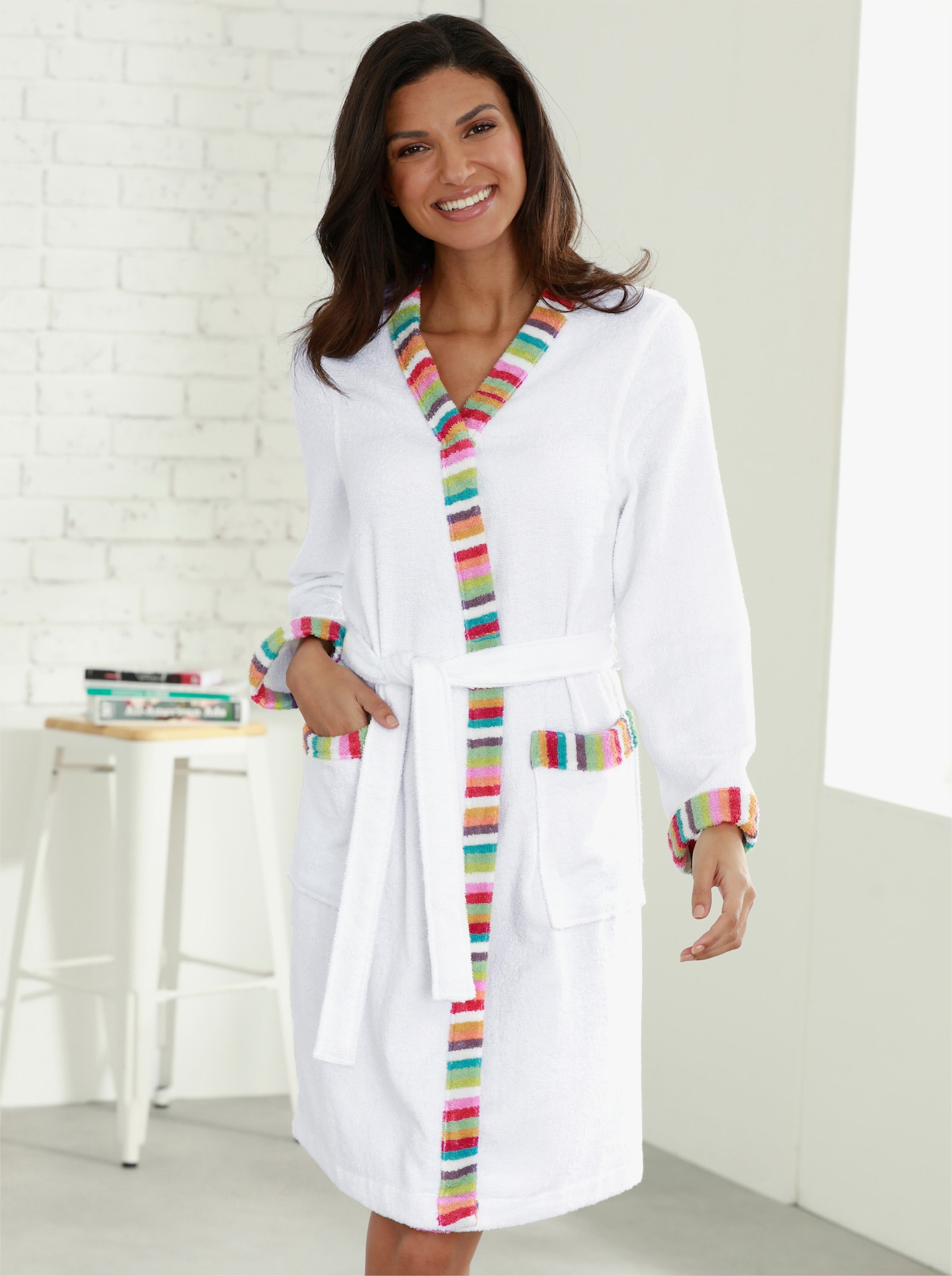 Badjas met contrastpaspels, badstof - wit